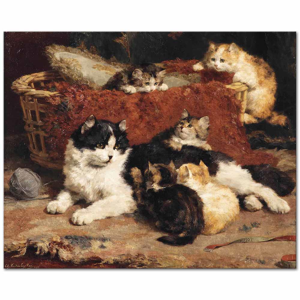 Charles van den Eycken Kedi ve Yavruları Kanvas Tablo