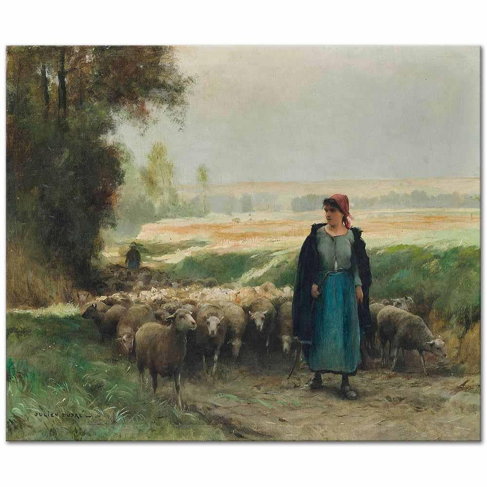 A Shepherd Girl Guiding A Flock of Shep by Julien Dupre as Art Print