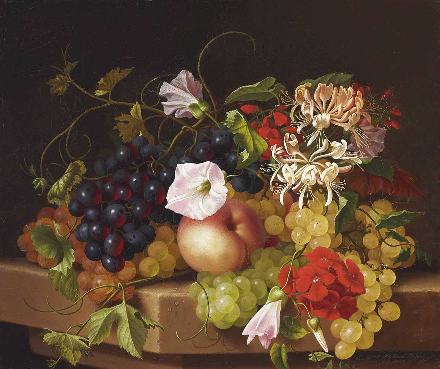 Still Life with Flowers and Fruits by Adelheid Dietrich