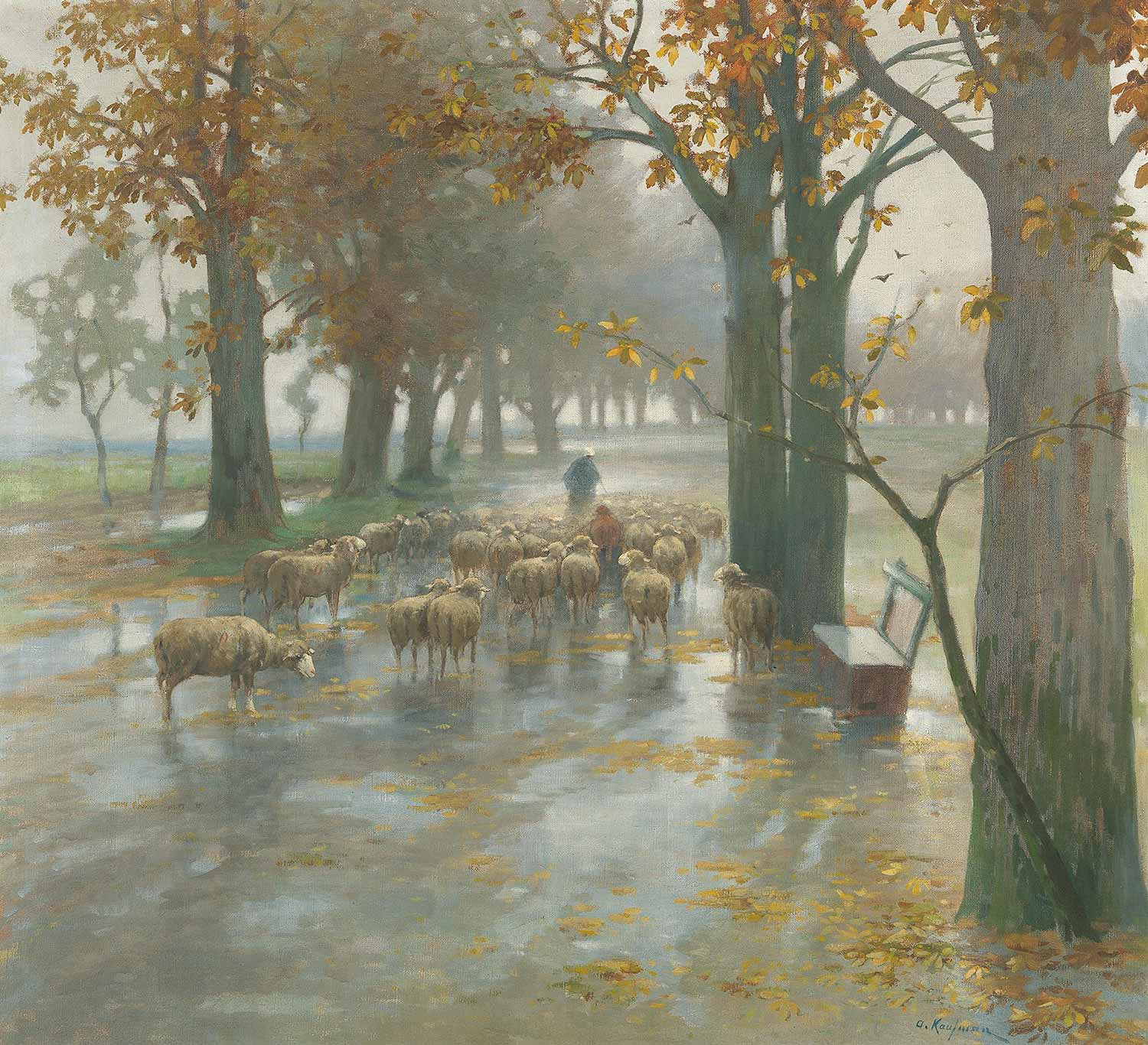 Adolf Kaufmann Flock Of Sheep With Shepherdess On A Rainy Day Art Print