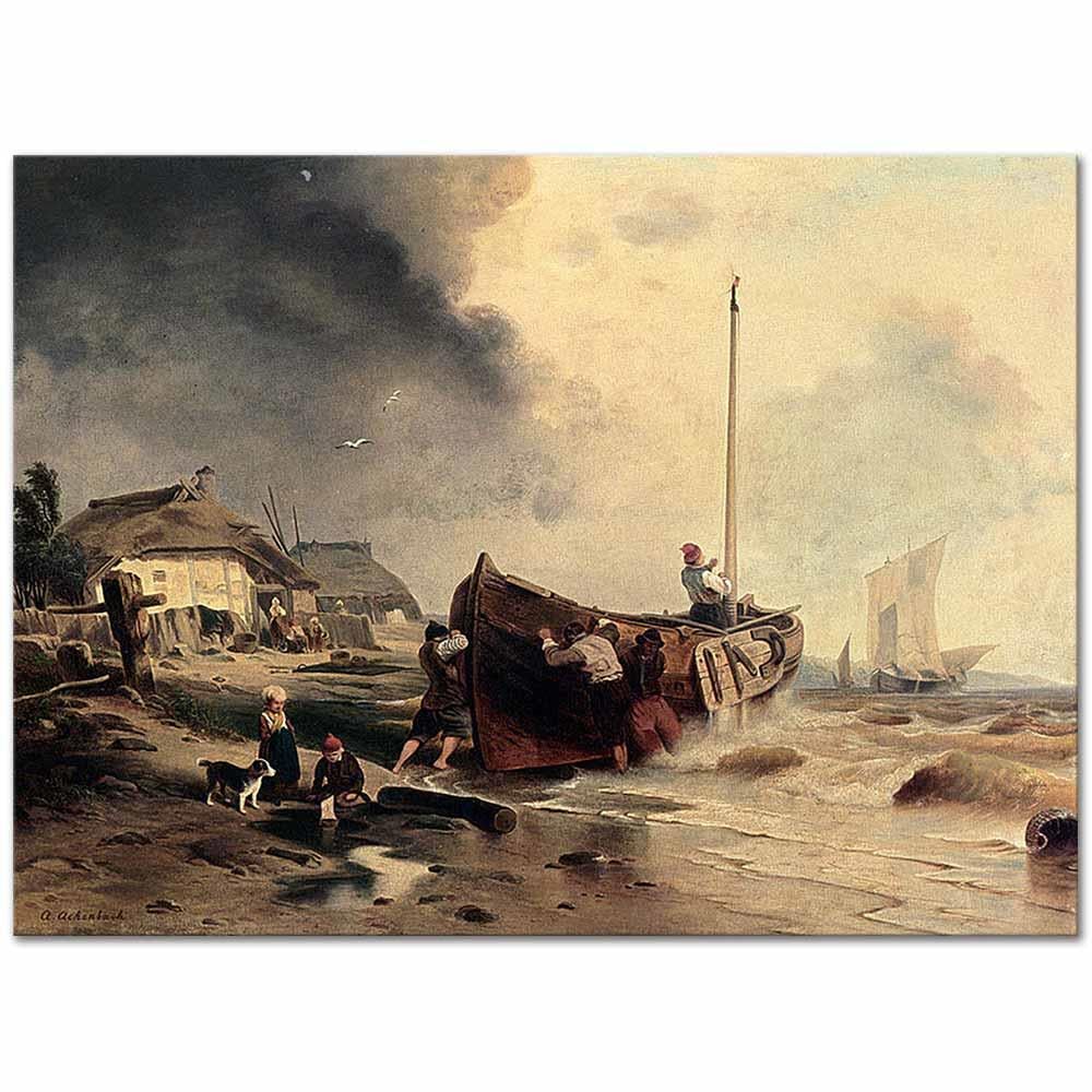 Andreas Achenbach Kıyıda Balıkçı Teknesi Kanvas Tablo