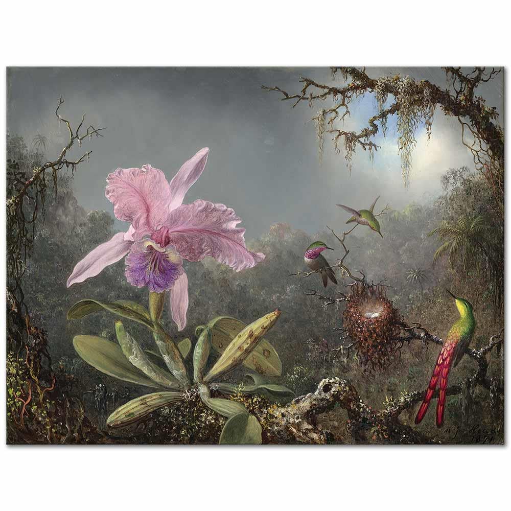 Martin Johnson Heade Cattleya Orkidesi ve Üç Sinek Kuşu Kanvas Tablo