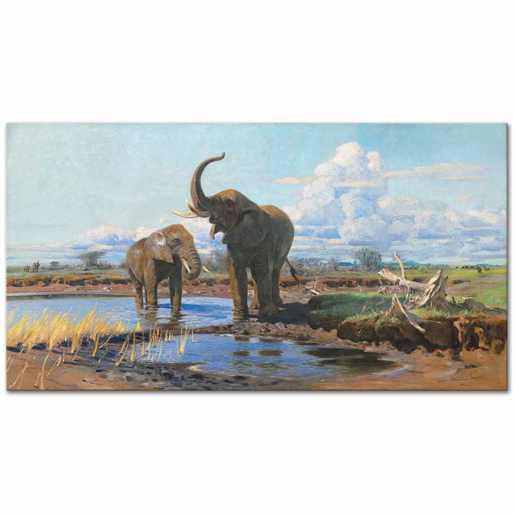 Elephants At A Waterhole by Wilhelm Kuhnert as Fine Art Print