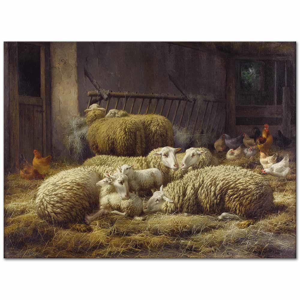 Sheep and Chicken in a Stable by Eugene Remy Maes