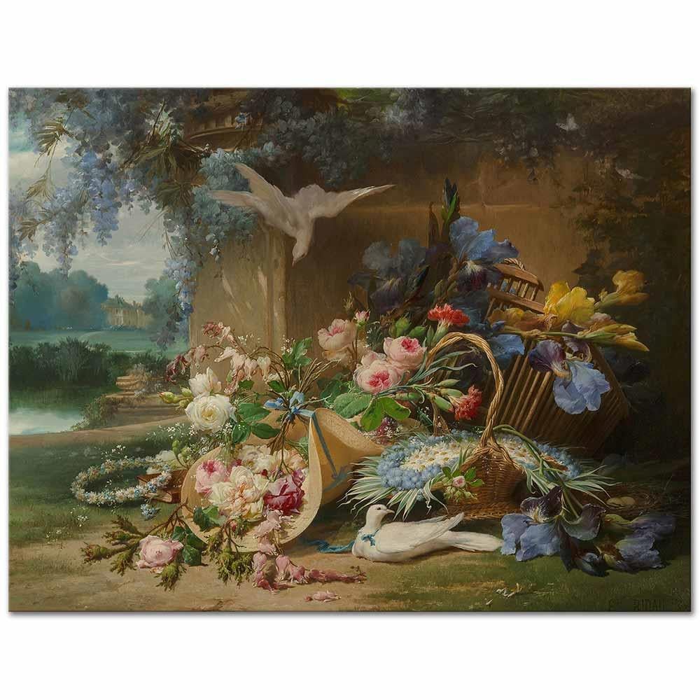 Floral Still Life with Doves and Wisteria by Eugene Bidau as Art Print