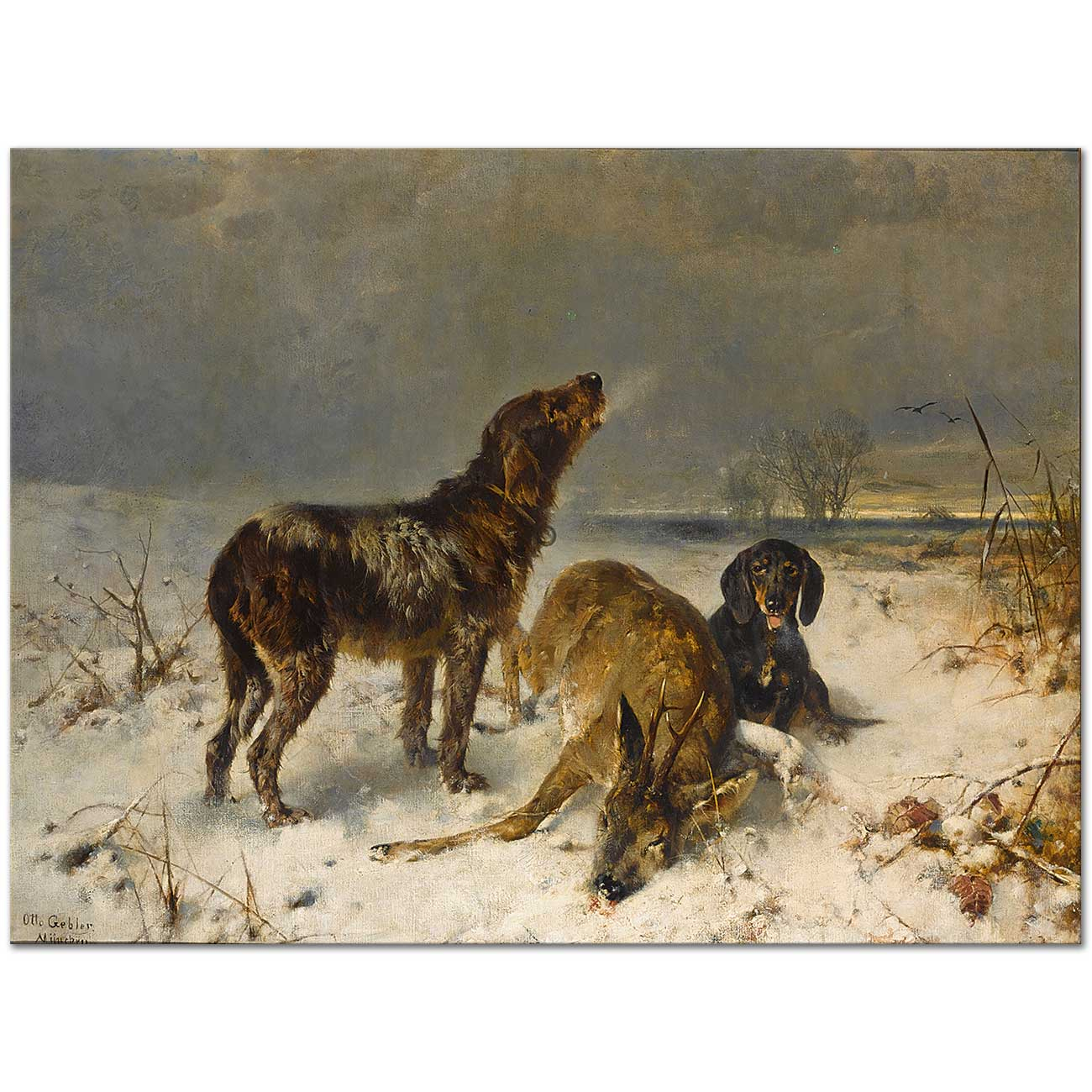 Friedrich Otto Gebler İki Av Köpeği Avlarıyla Kanvas Tablo