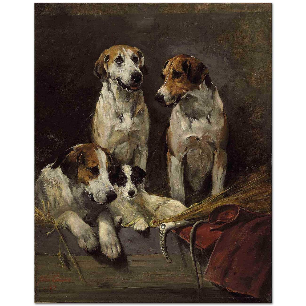 John Emms Three Hounds and a Terrier in a Barn Interior Art Print