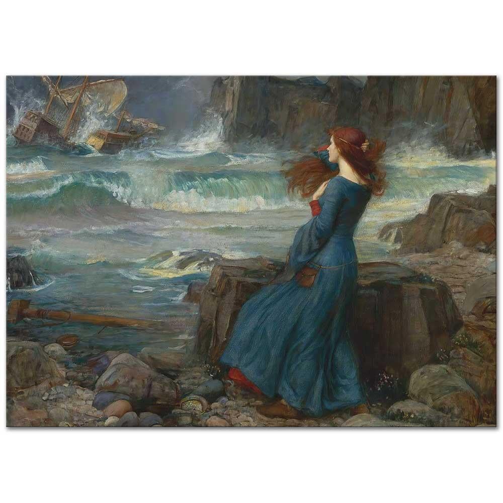 John William Waterhouse Miranda Fırtınalı Denizi Seyrederken Kanvas Tablo