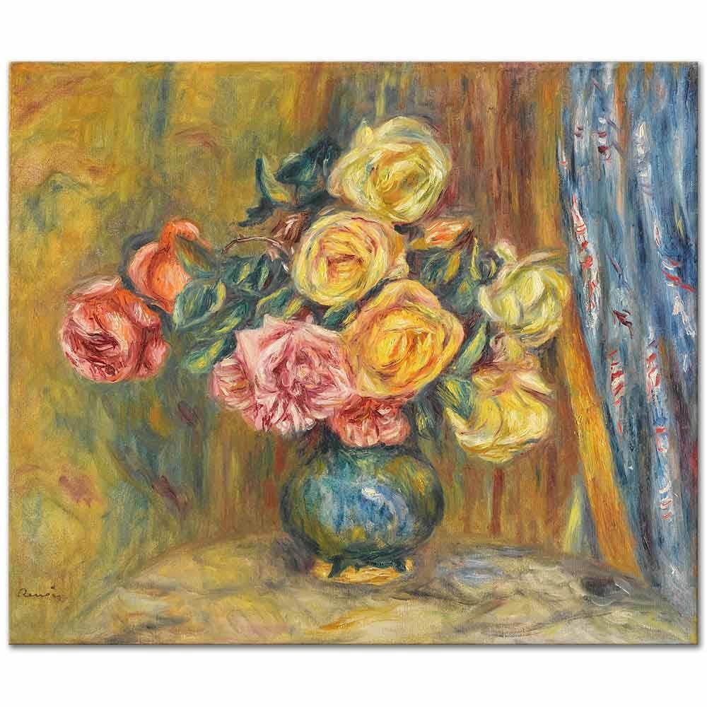 Roses in Front of a Blue Curtain by Pierre Auguste Renoir as Art Print