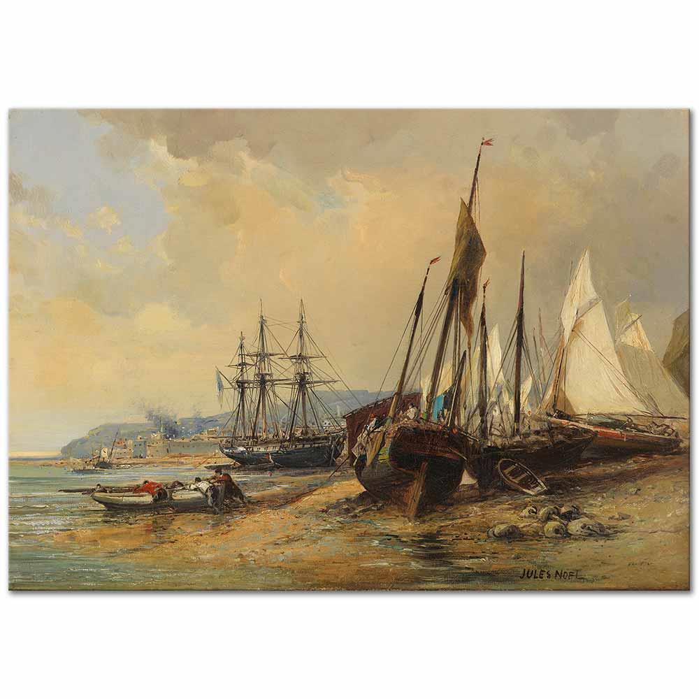 Jules Achille Noël Bretonya Sahilinde Yelkenliler ve Balıkçı Tekneleri Kanvas Tablo