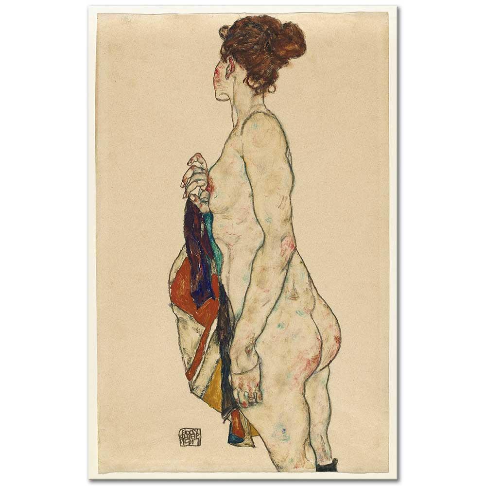 Egon Schiele Desenli Sabahlığı ile Duran Nü Kanvas Tablo