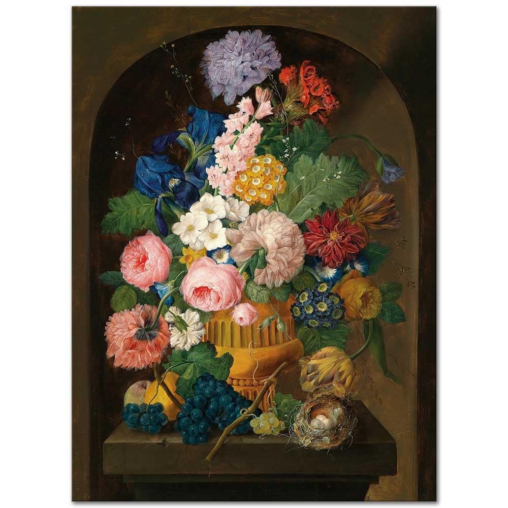 Johann Baptist Drechsler Kuş Yuvası ile Çiçekli Natürmort Kanvas Tablo