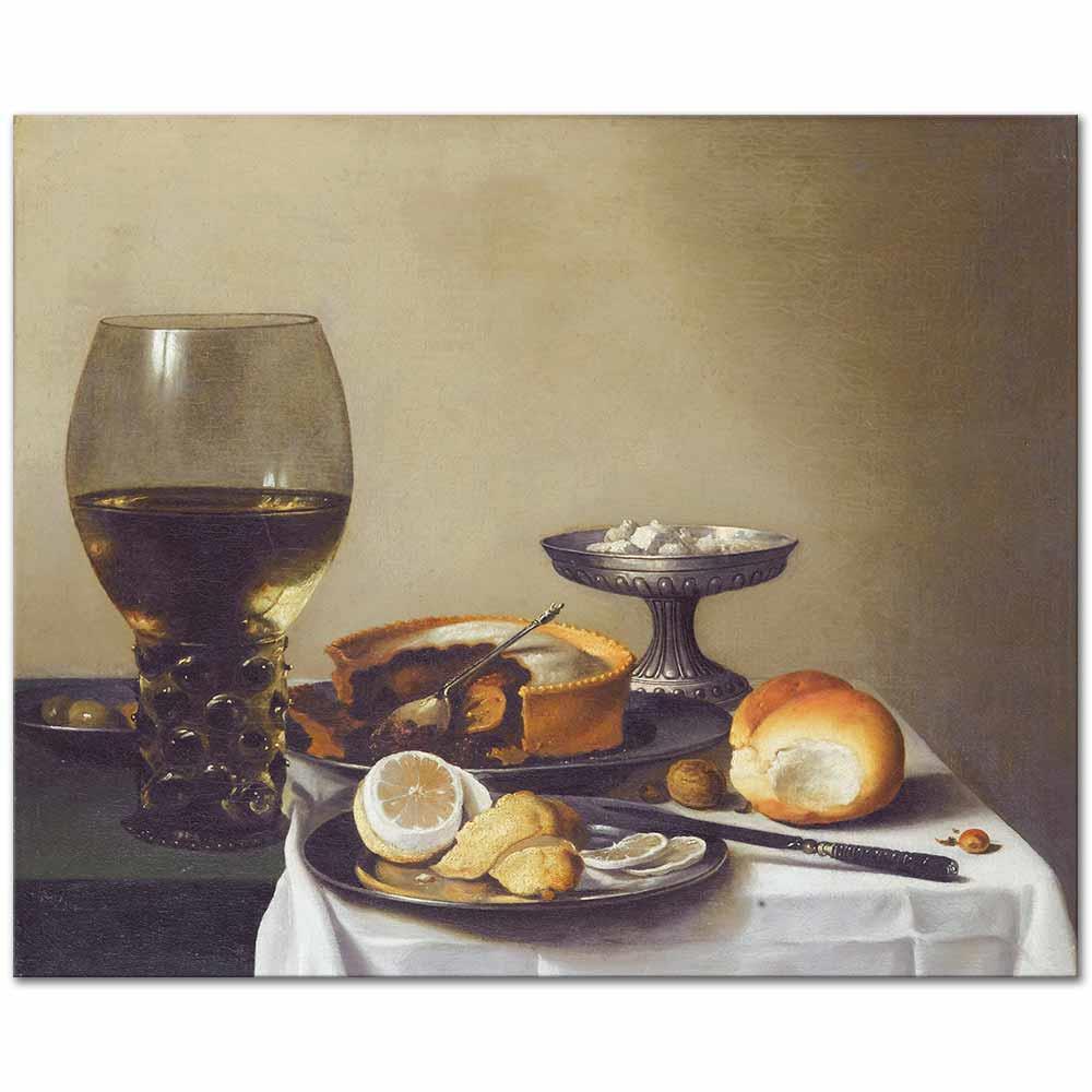 Still Life with a Glass of Wine Lemon and Cake by Pieter Claesz as Art Print