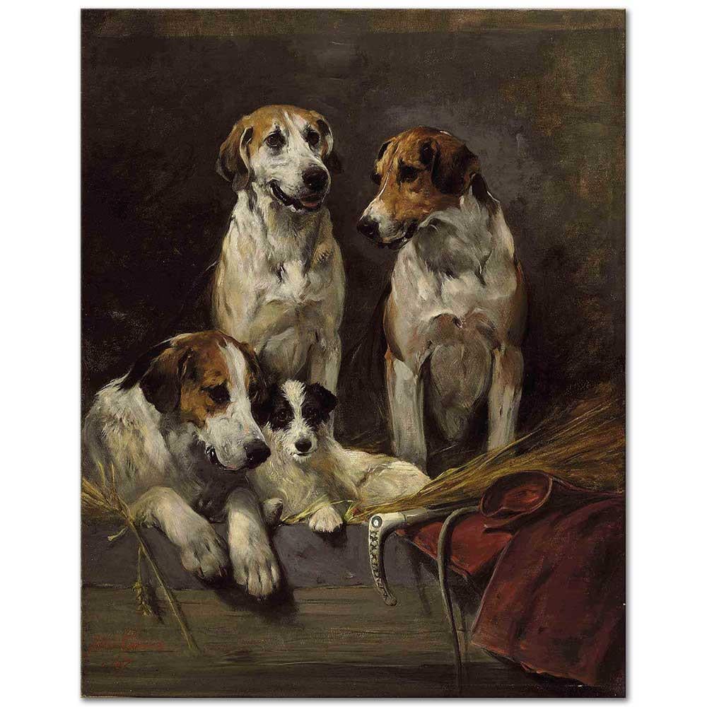 Three Hounds and a Terrier in a Barn Interior by John Emms