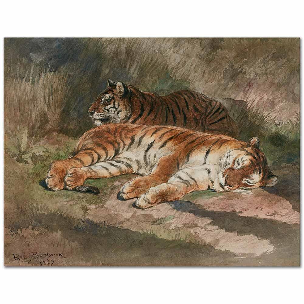 Rosa Bonheur Yatan İki Kaplan Kanvas Tablo