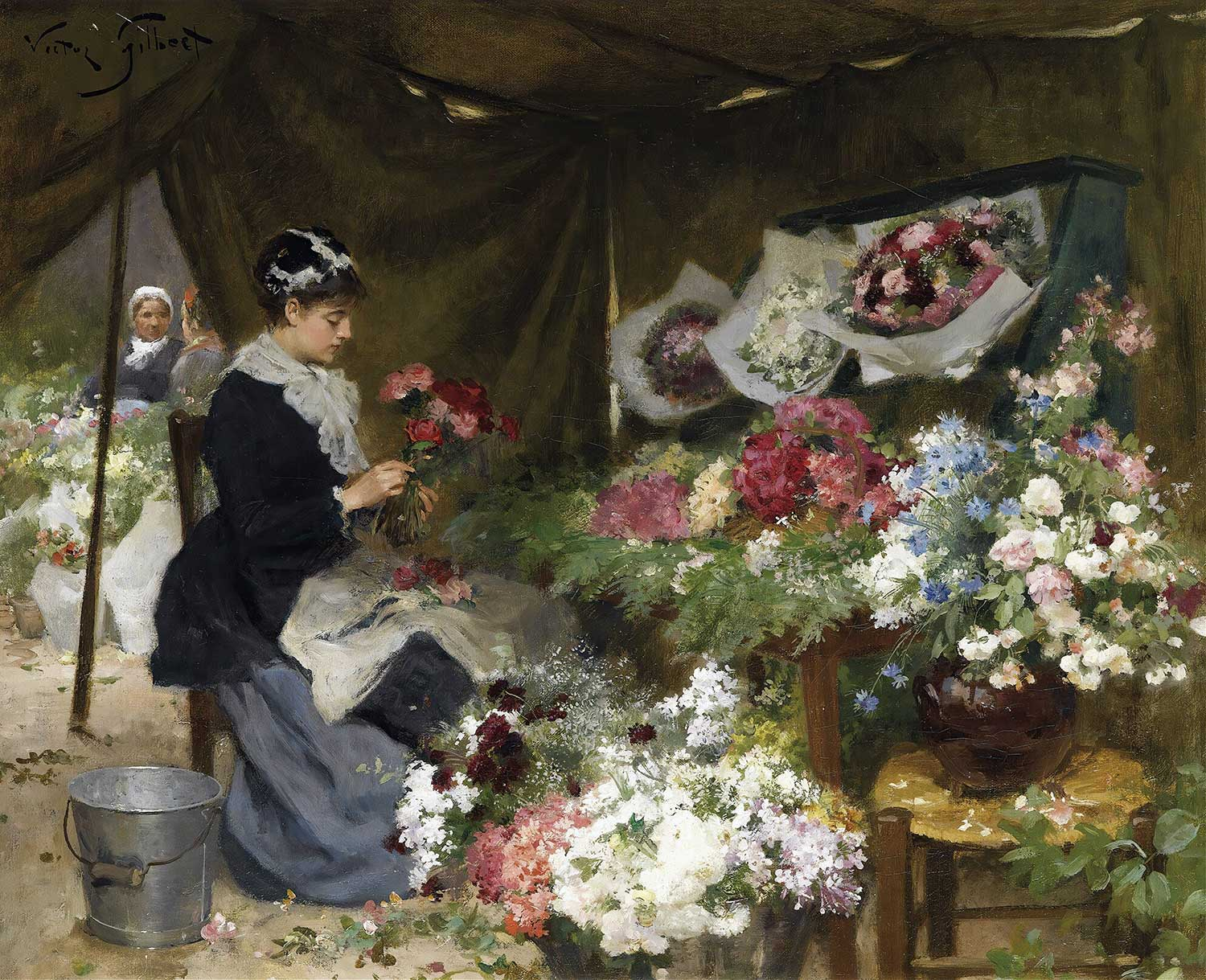 Victor Gabriel Gilbert A Flower Seller Making Her Bouquets Art Print