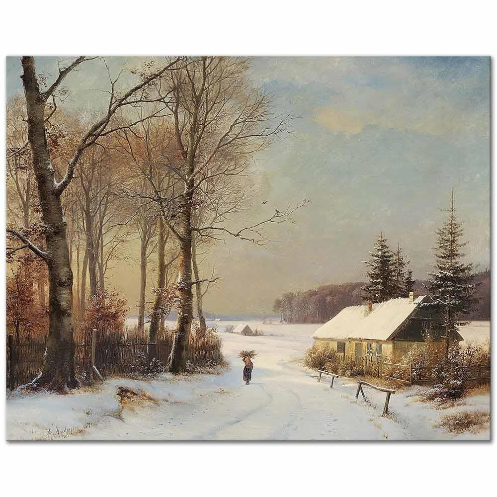 Anders Andersen-Lundby Bir Evin Yanından Geçen Bir Kadın ve Kış Manzarası Kanvas Tablo