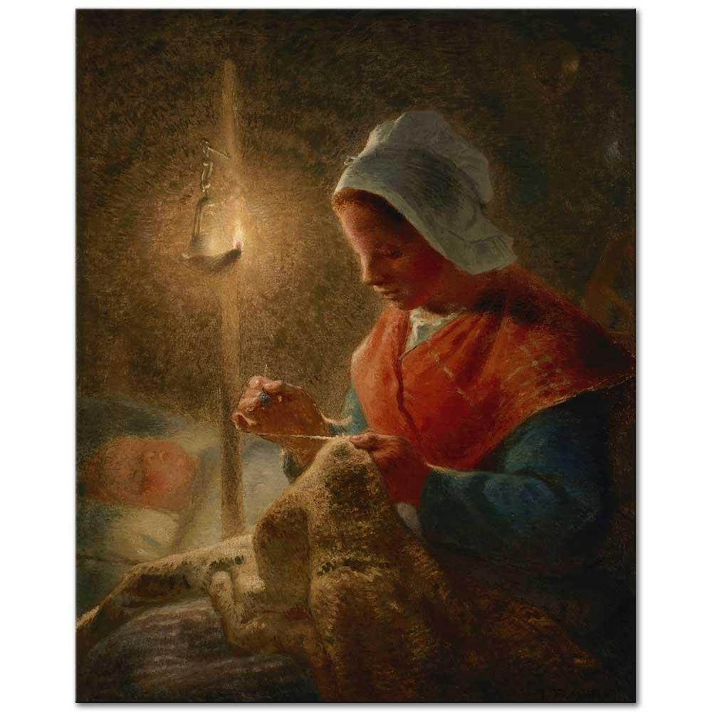 Woman Sewing by Lamplight by Jean-François Millet as Art Print
