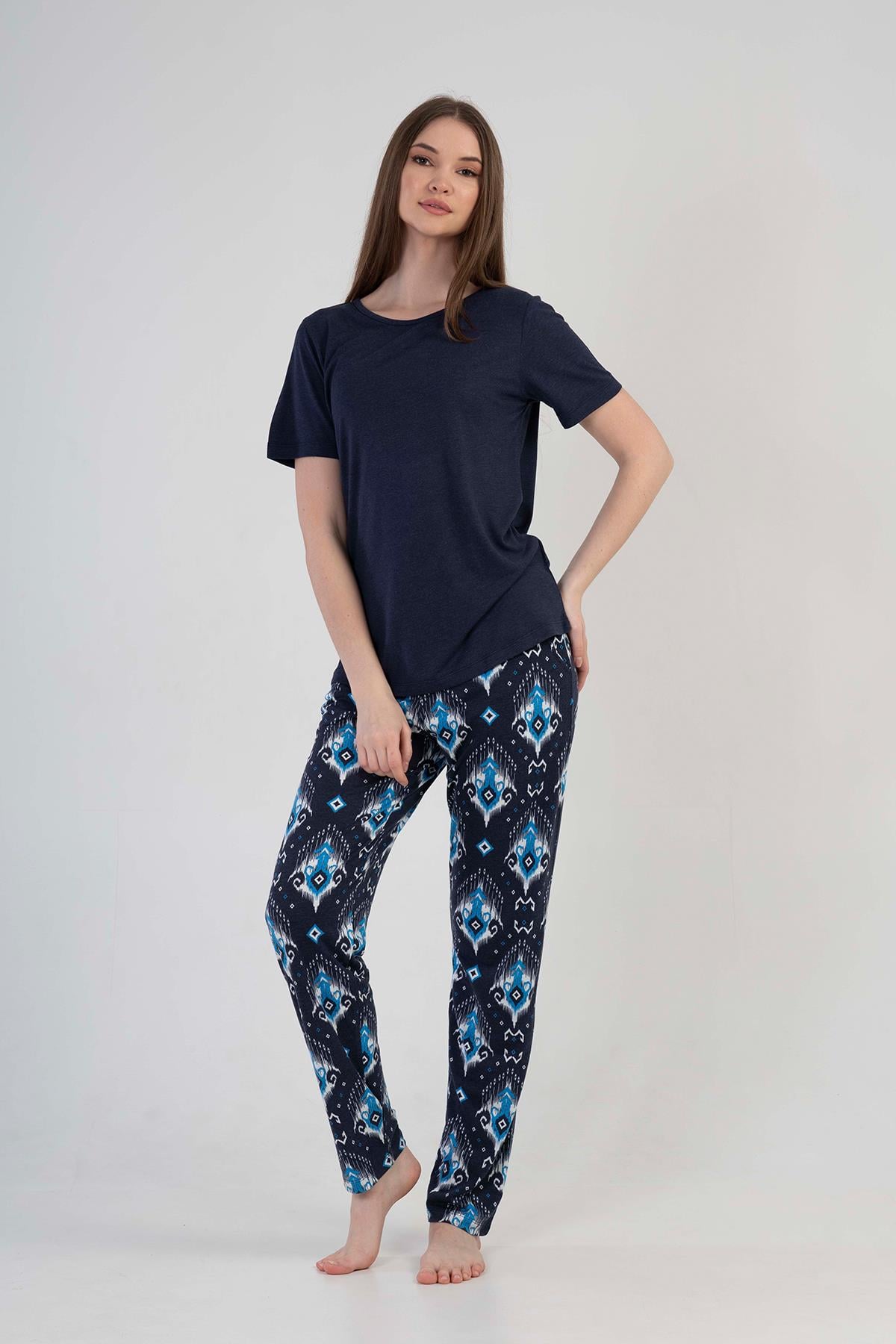  Kadın Bisiklet Yaka Kısa Kol Altı Uzun Pijama Takım | Kompedan  2100922947