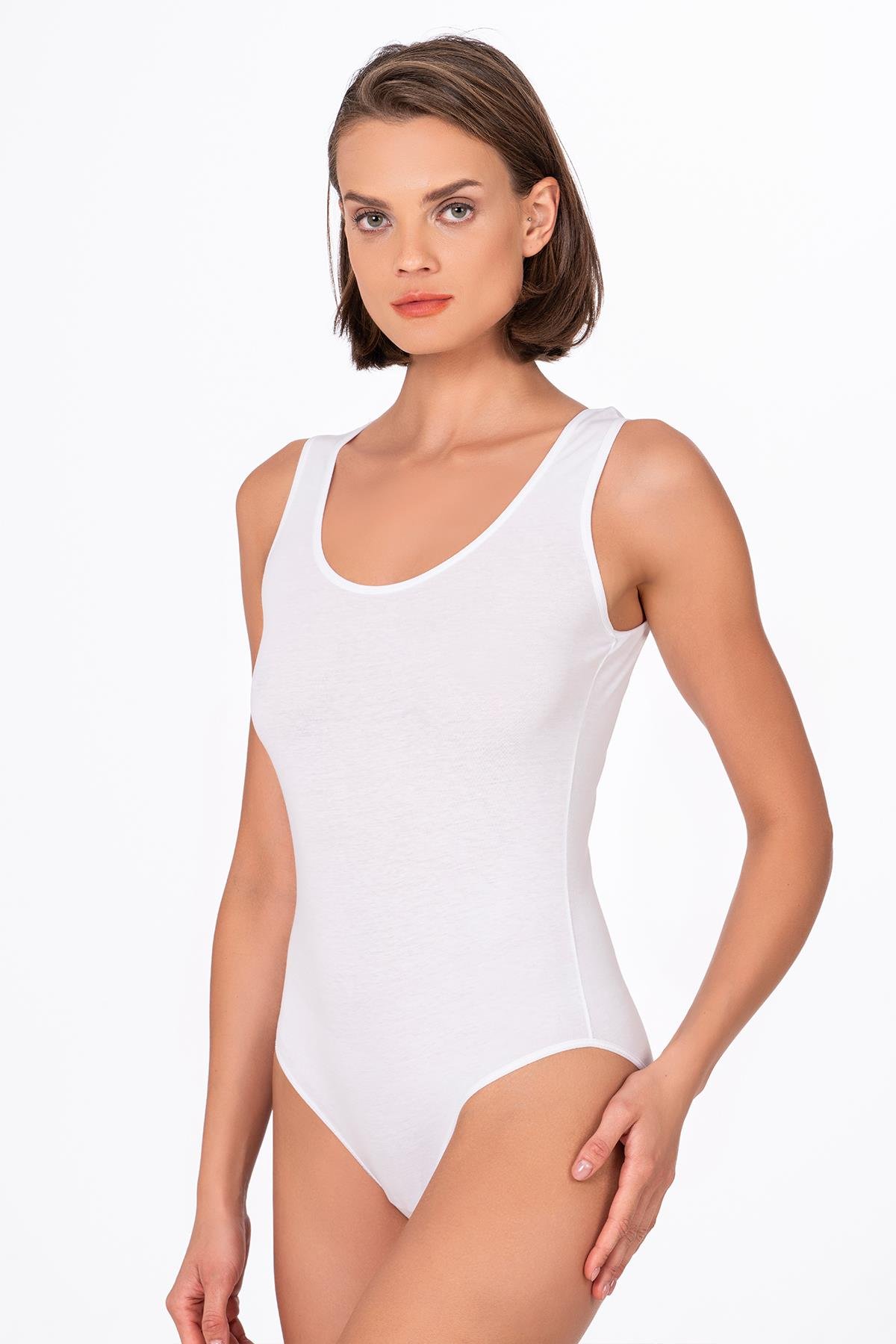  Kadın Çıtçıtlı Biyeli Kalın Askılı Body Beyaz | K0602