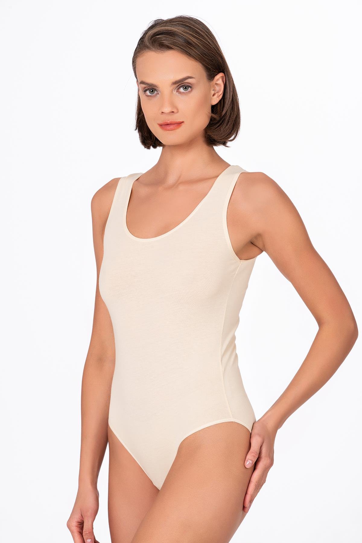  Kadın Çıtçıtlı Biyeli Kalın Askılı Body Ten | K0602 