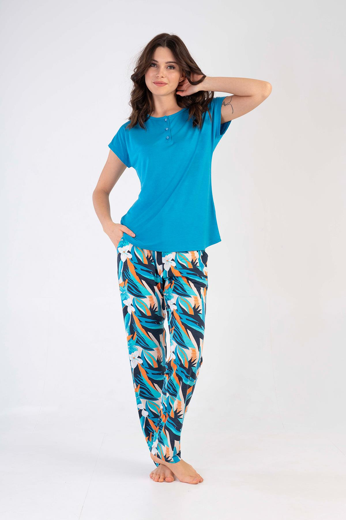  Kadın Patlı Kısa Kol Altı Uzun Pijama Takım | Kompedan 2100985953 