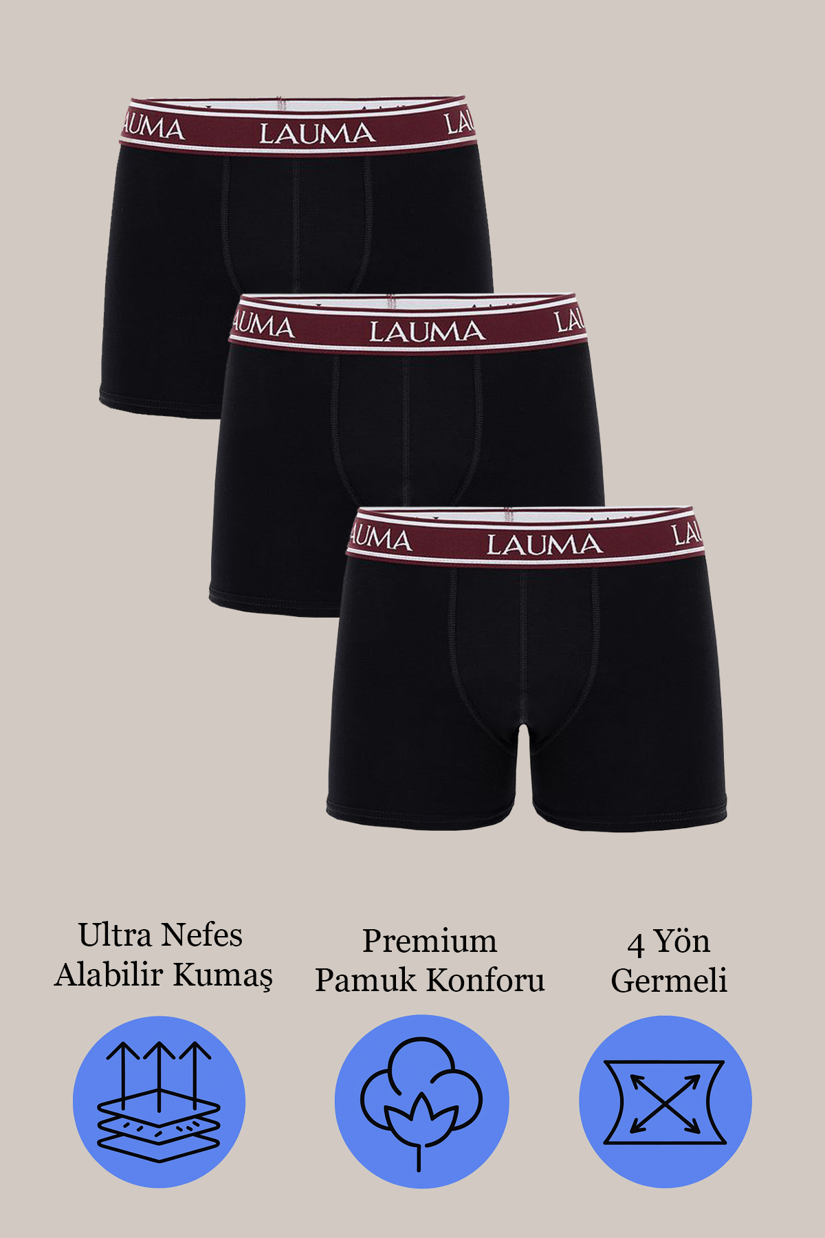 3'lü Erkek Jarse Penye Boxer | Siyah