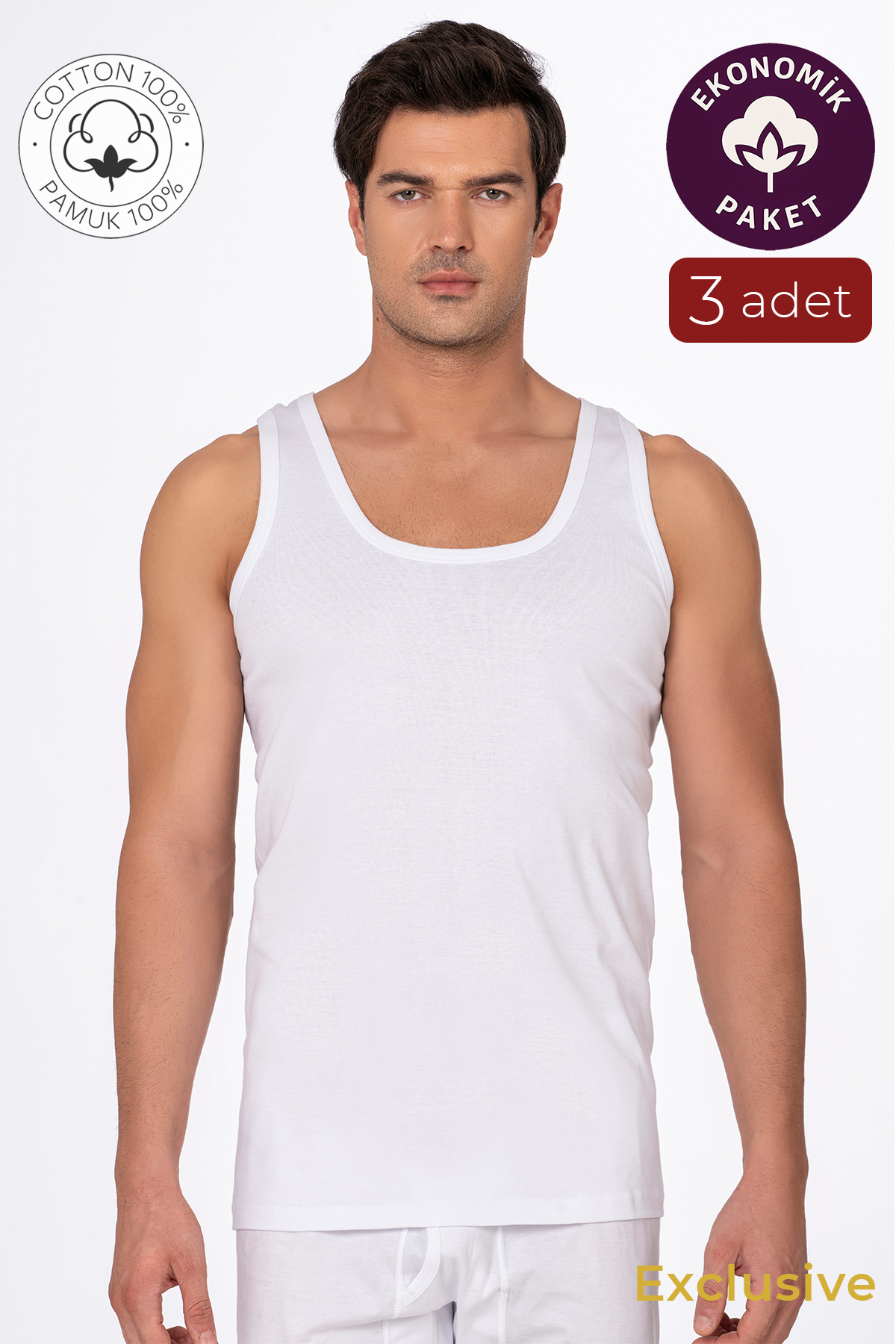 3'lü Paket Pamuklu Ribana Kalın Askılı Erkek Atlet | Beyaz K0113