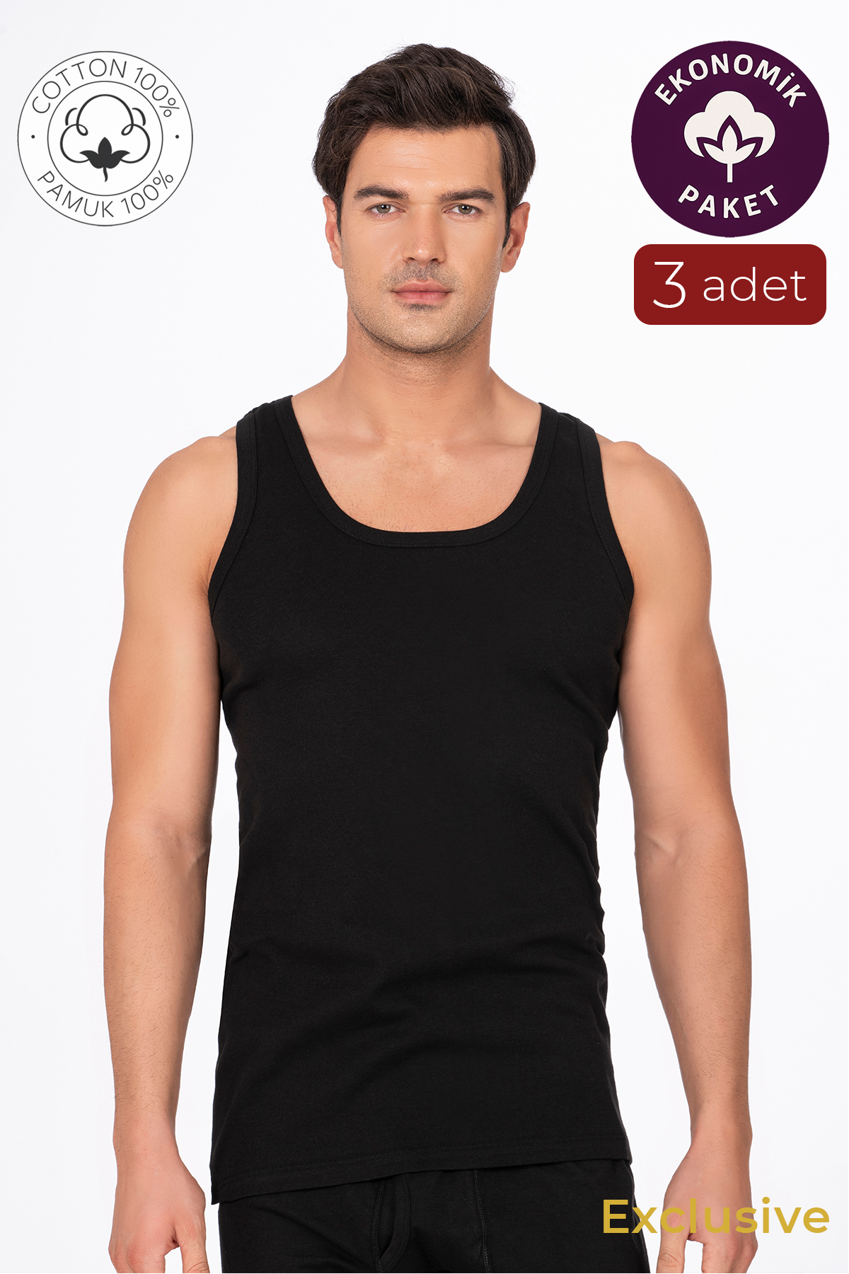 3'lü Paket Pamuklu Ribana Kalın Askılı Erkek Atlet | Siyah K0113