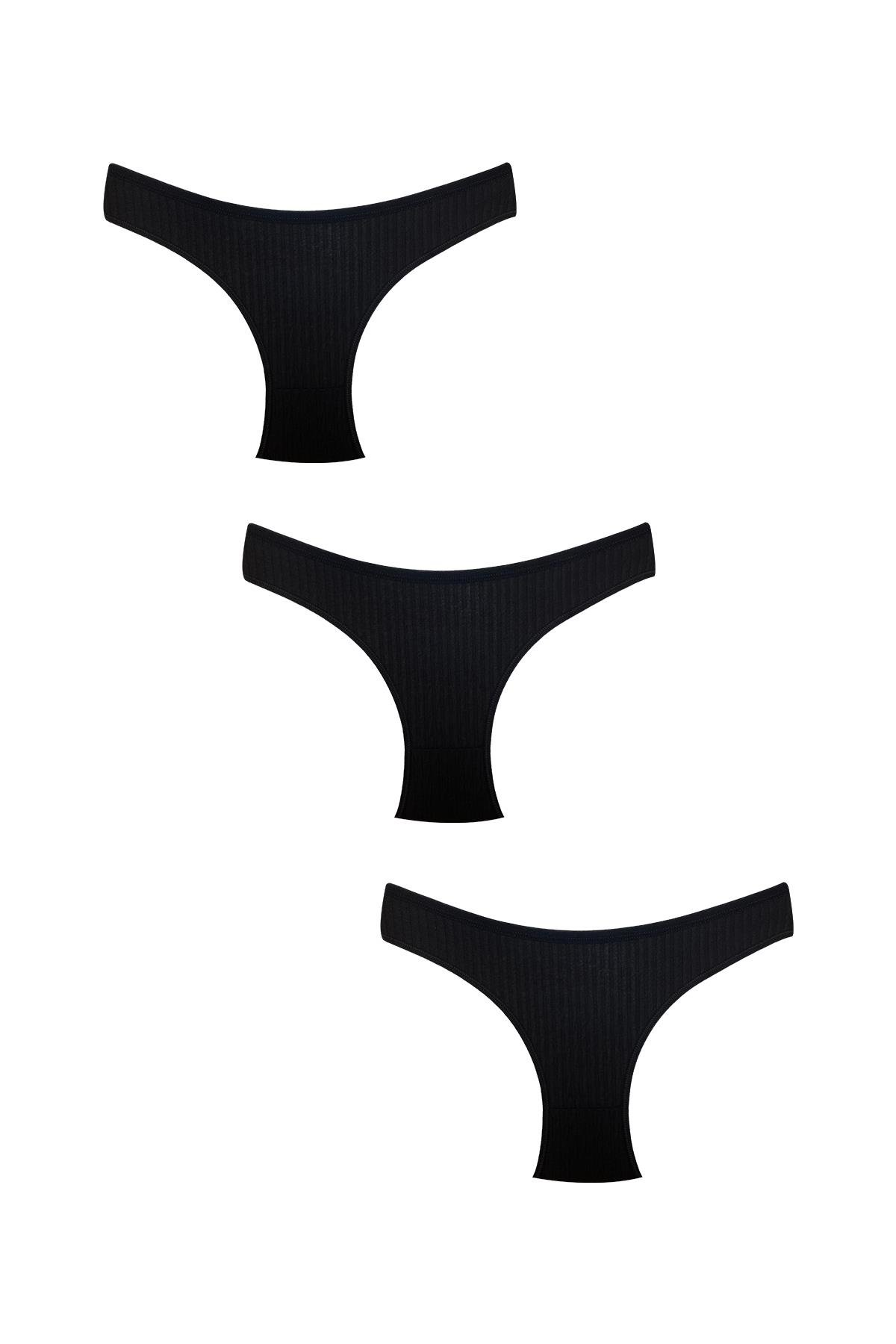 3'lü Pamuklu Kabartmalı Ribana Külot | Siyah 0385