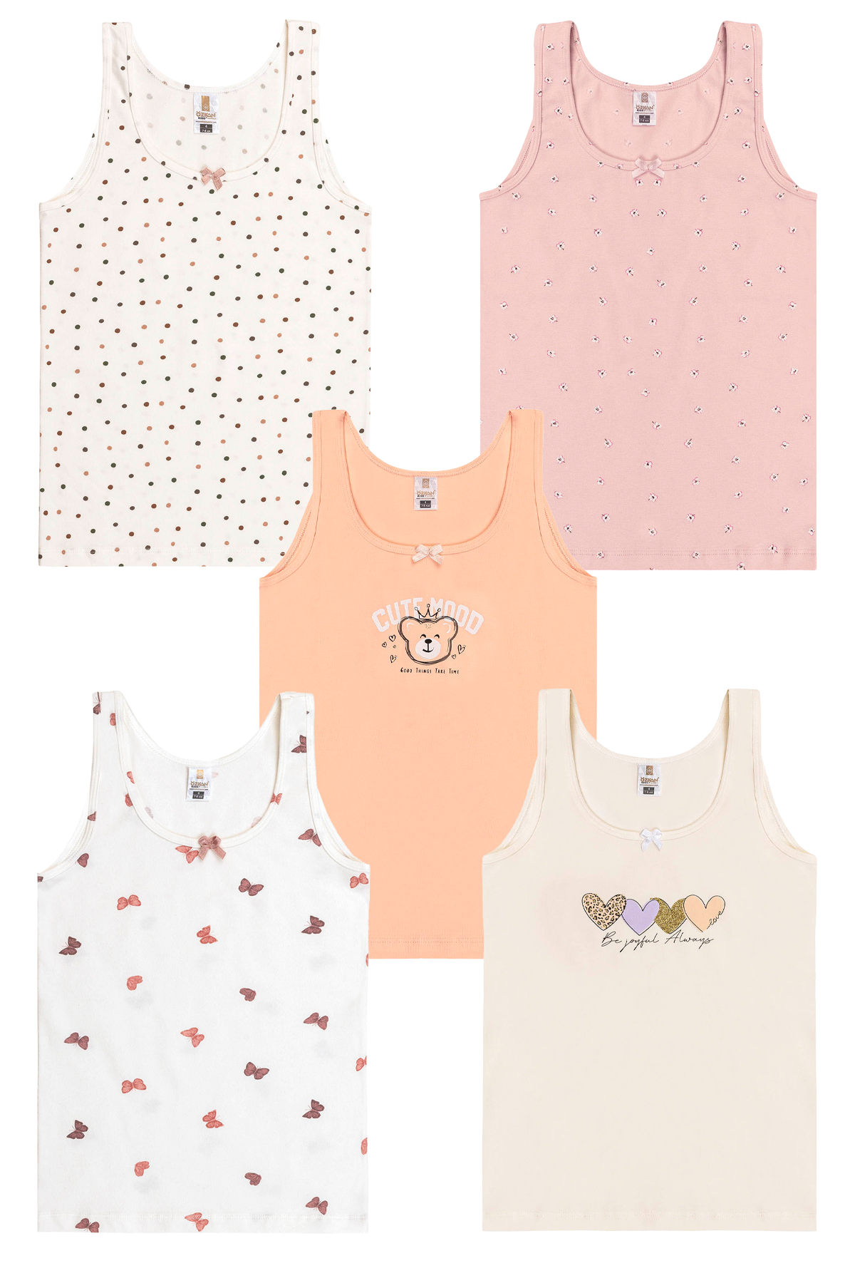 5'li Paket Kız Çocuk Karışık Renkli Desenli Pamuklu Yumuşak Kalın Askılı Atlet | 41600