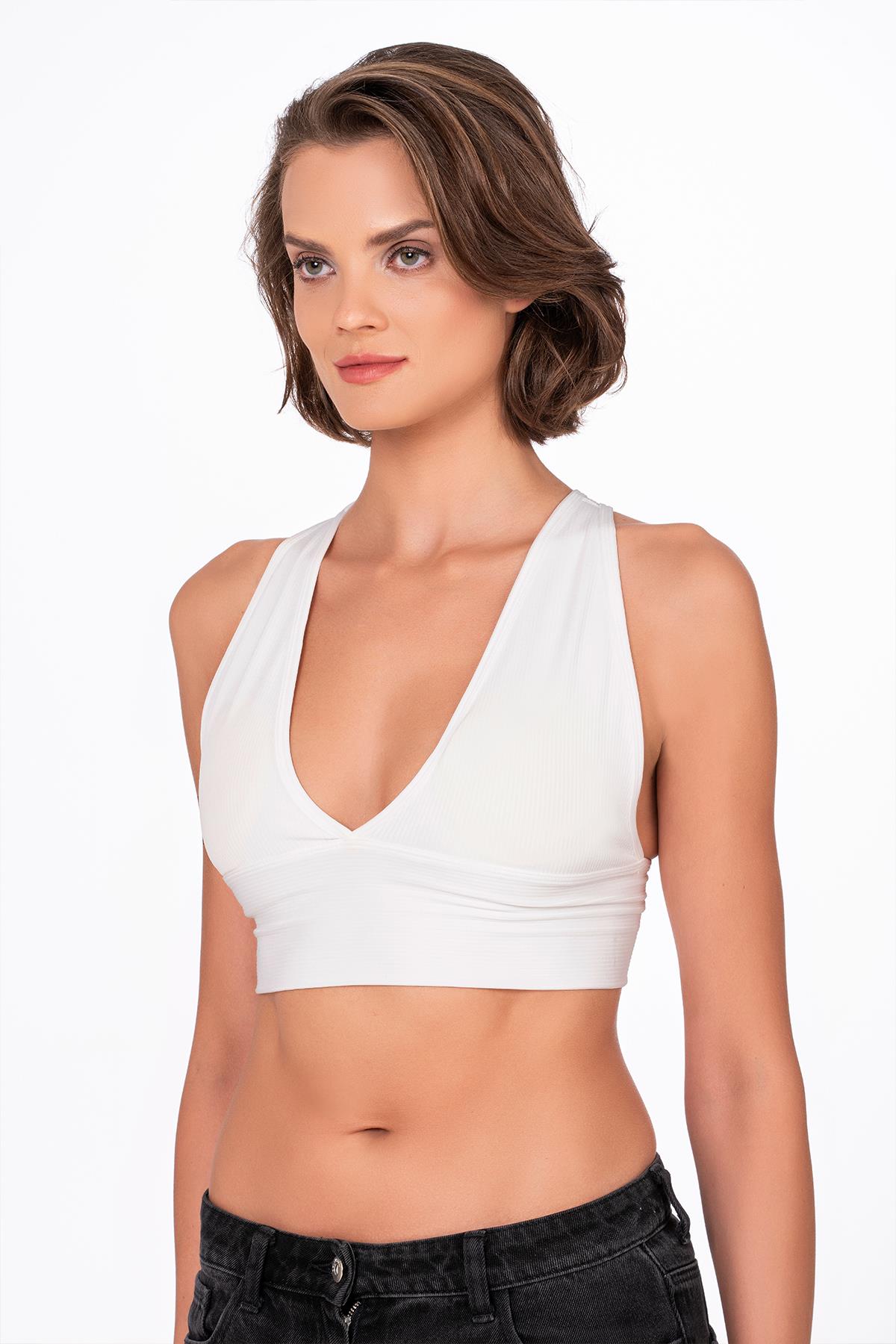 Çapraz Sırt Detay Fitilli Spor Büstiyer | Beyaz