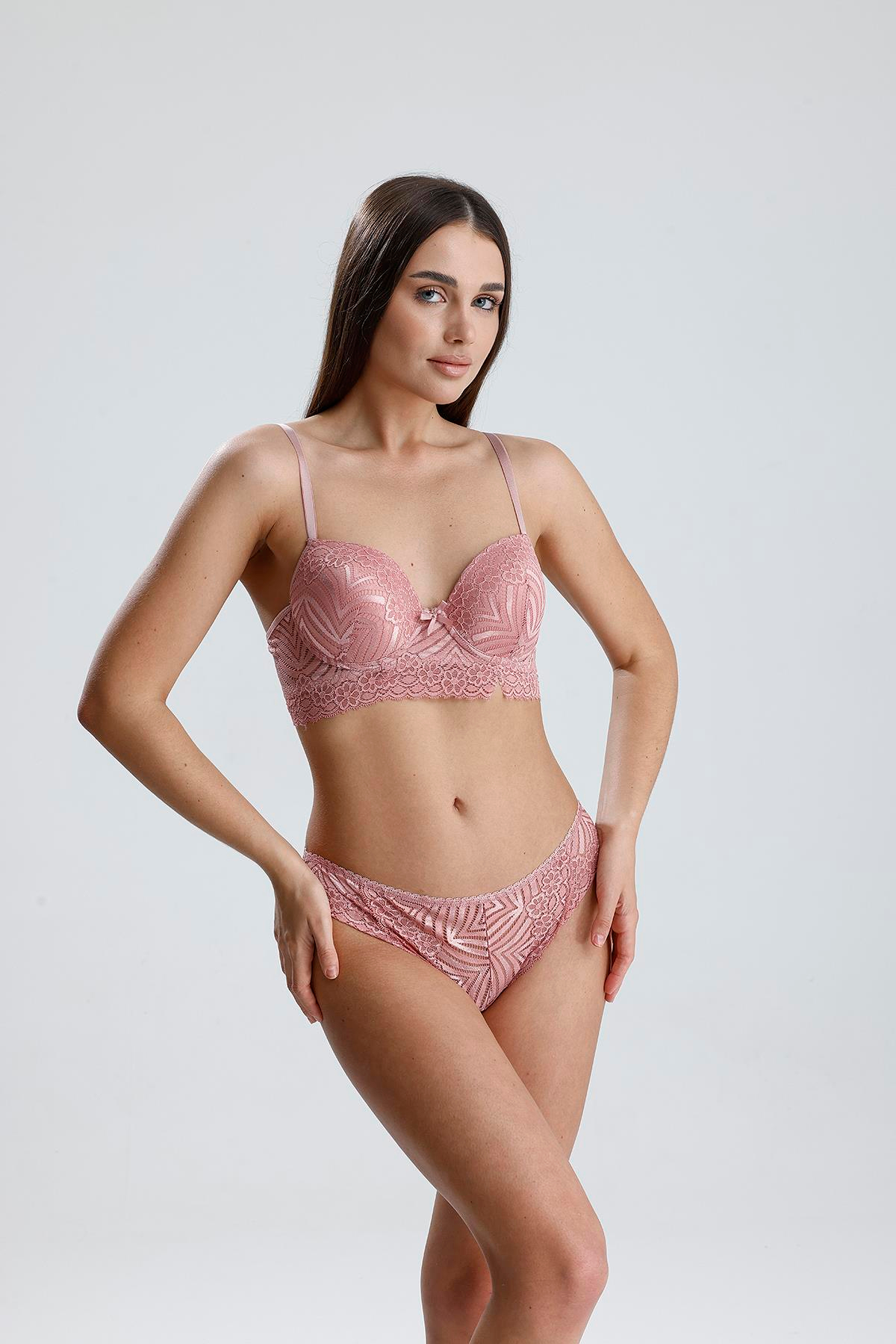 Dantel Çiçek Motifli Destekli Büstiyer Takım | Pembe 667