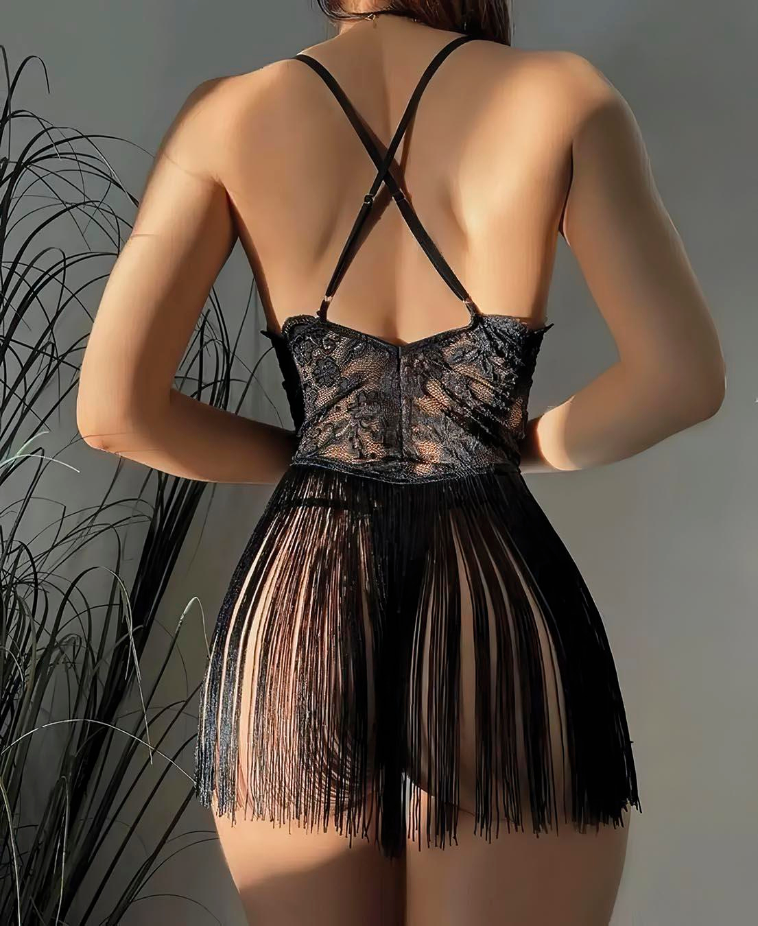 Dantel Detay Püsküllü Fantezi Gceelik Takım | Siyah 3731