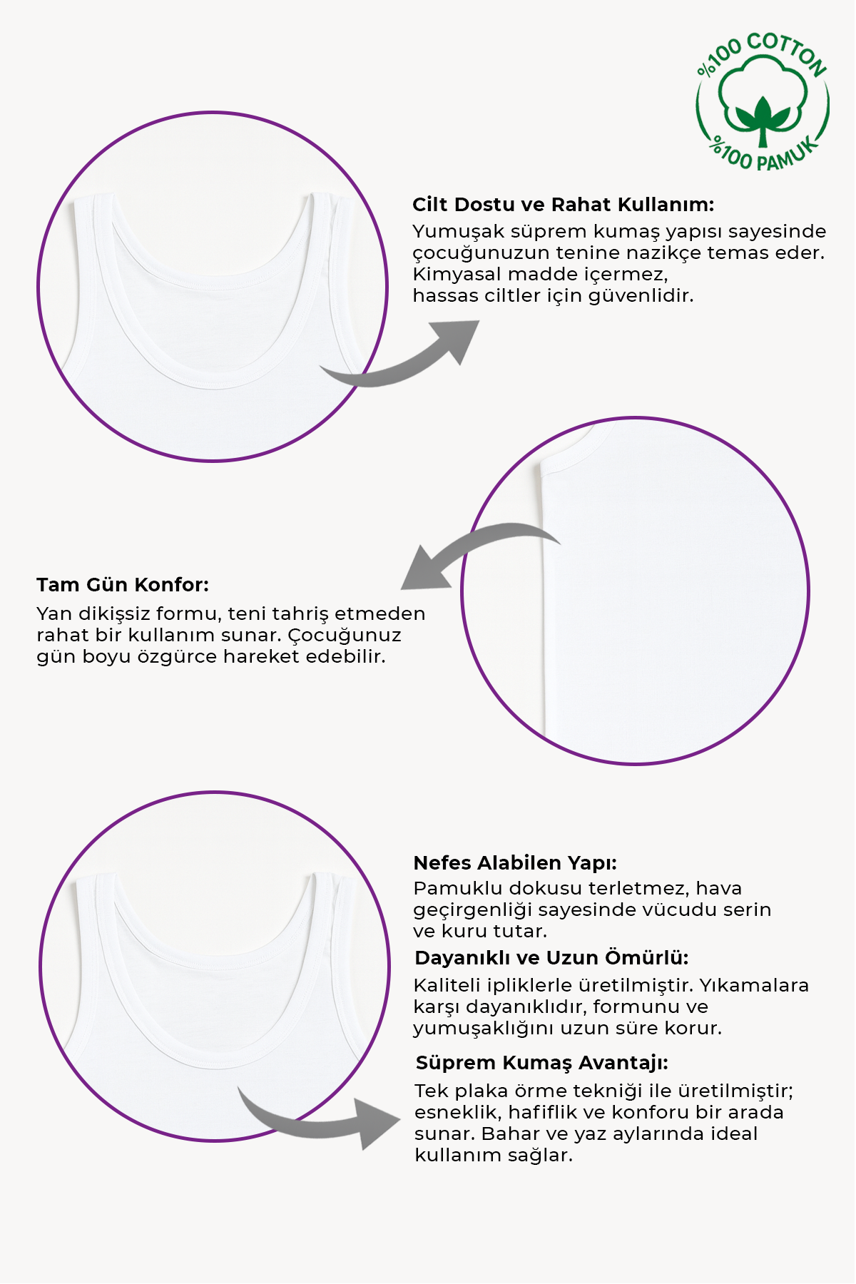 Erkek Çocuk %100 Pamuklu Süprem Kalın Askılı Atlet | Beyaz K0702