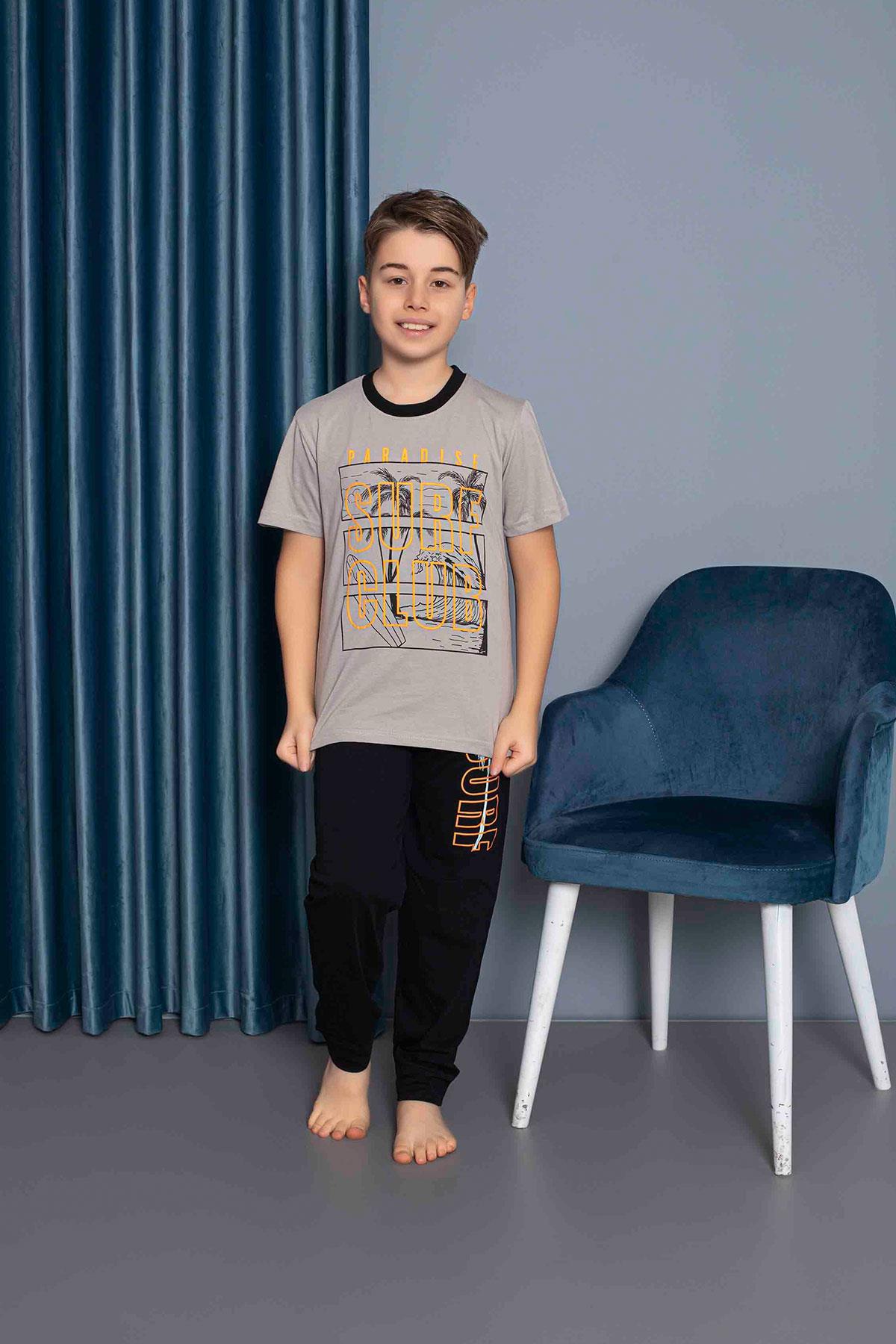Erkek Çocuk Penye Kısa Kollu Garson Pijama Takımı | Gri 7217