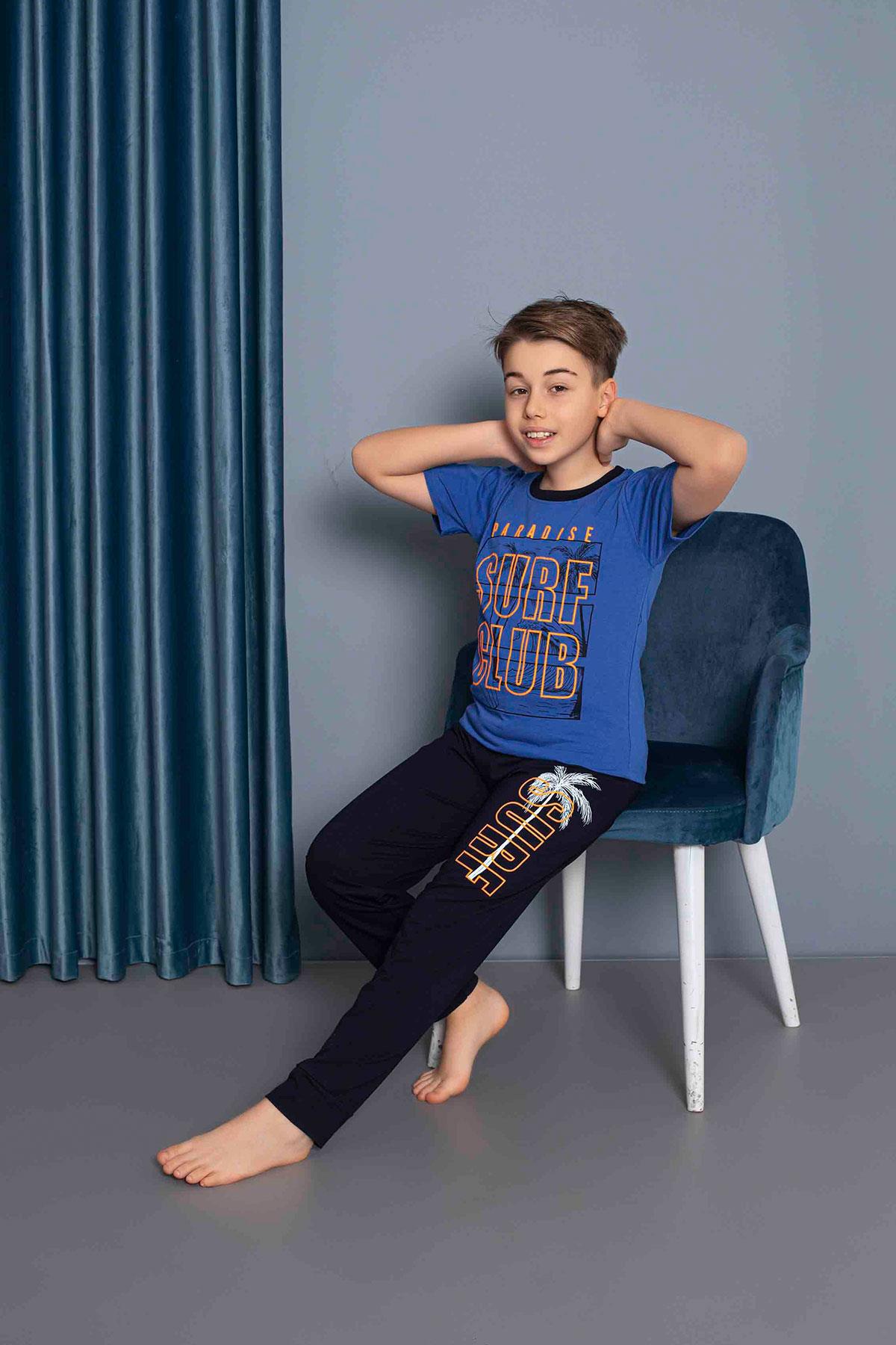 Erkek Çocuk Penye Kısa Kollu Garson Pijama Takımı | Saks Mavisi 7216