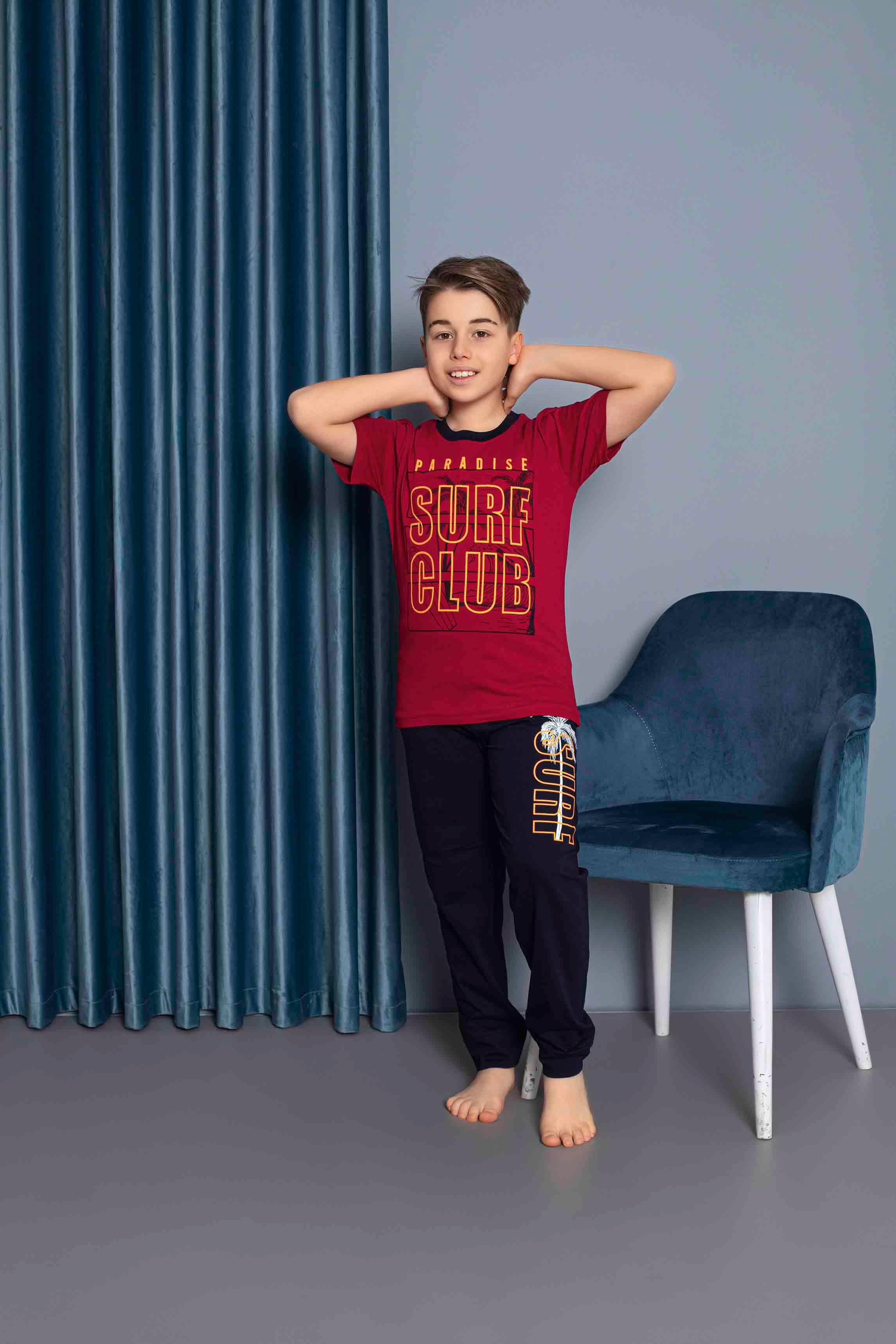 Erkek Çocuk Penye Kısa Kollu Garson Pijama Takımı | Kırmızı 7216