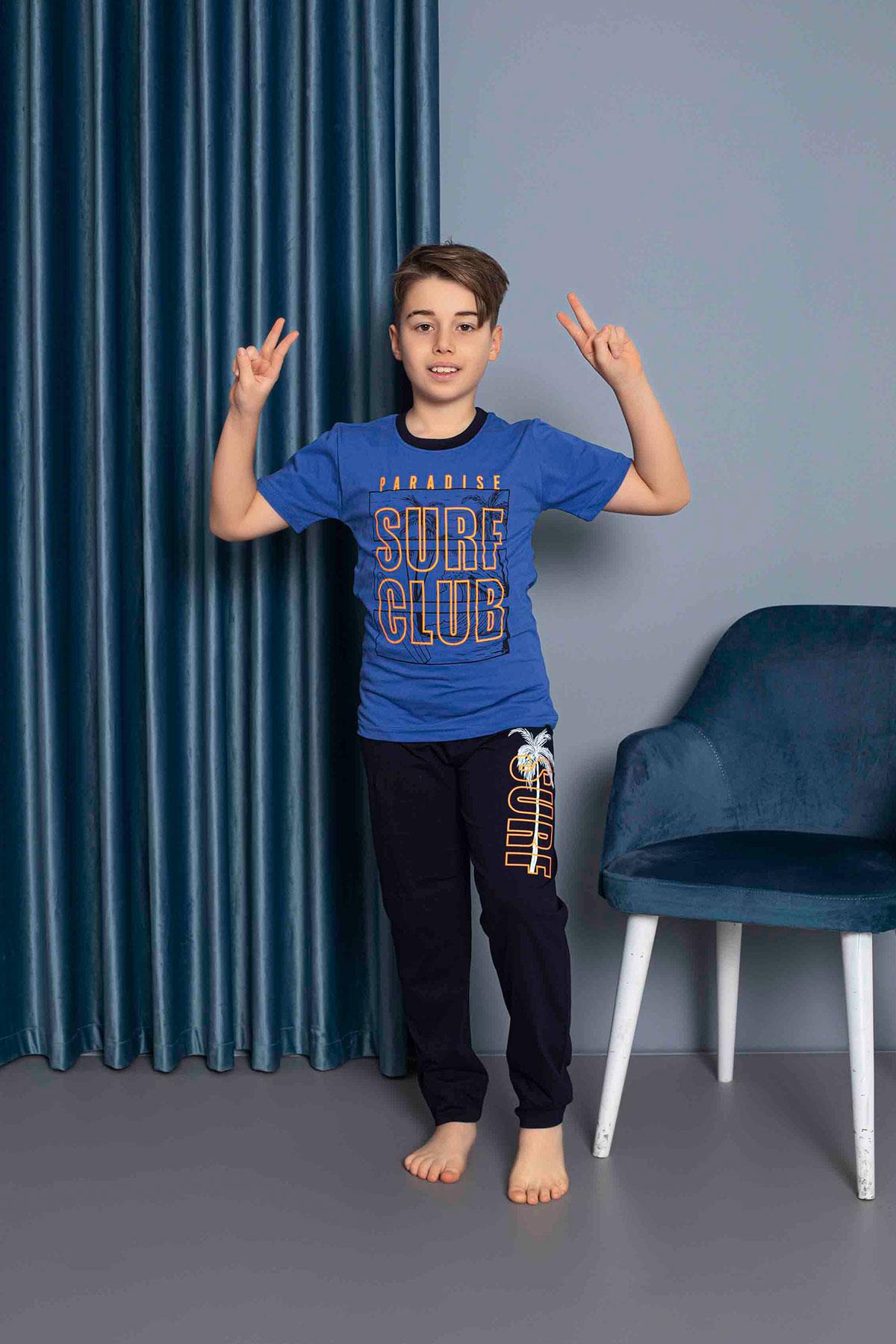 Erkek Çocuk Penye Kısa Kollu Garson Pijama Takımı | Saks Mavisi 7216