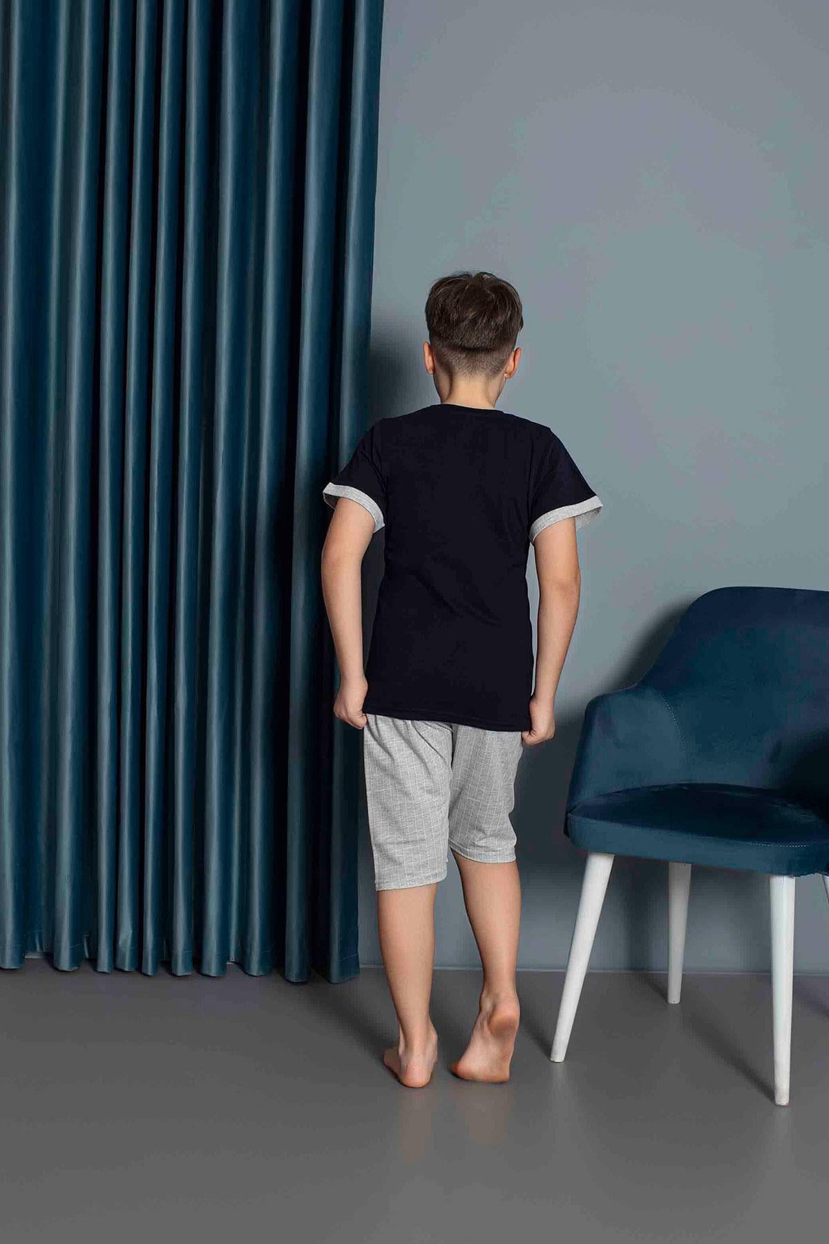 Erkek Çocuk Penye Kısa Kollu Kaprili Pijama Takımı | Lacivert 3656