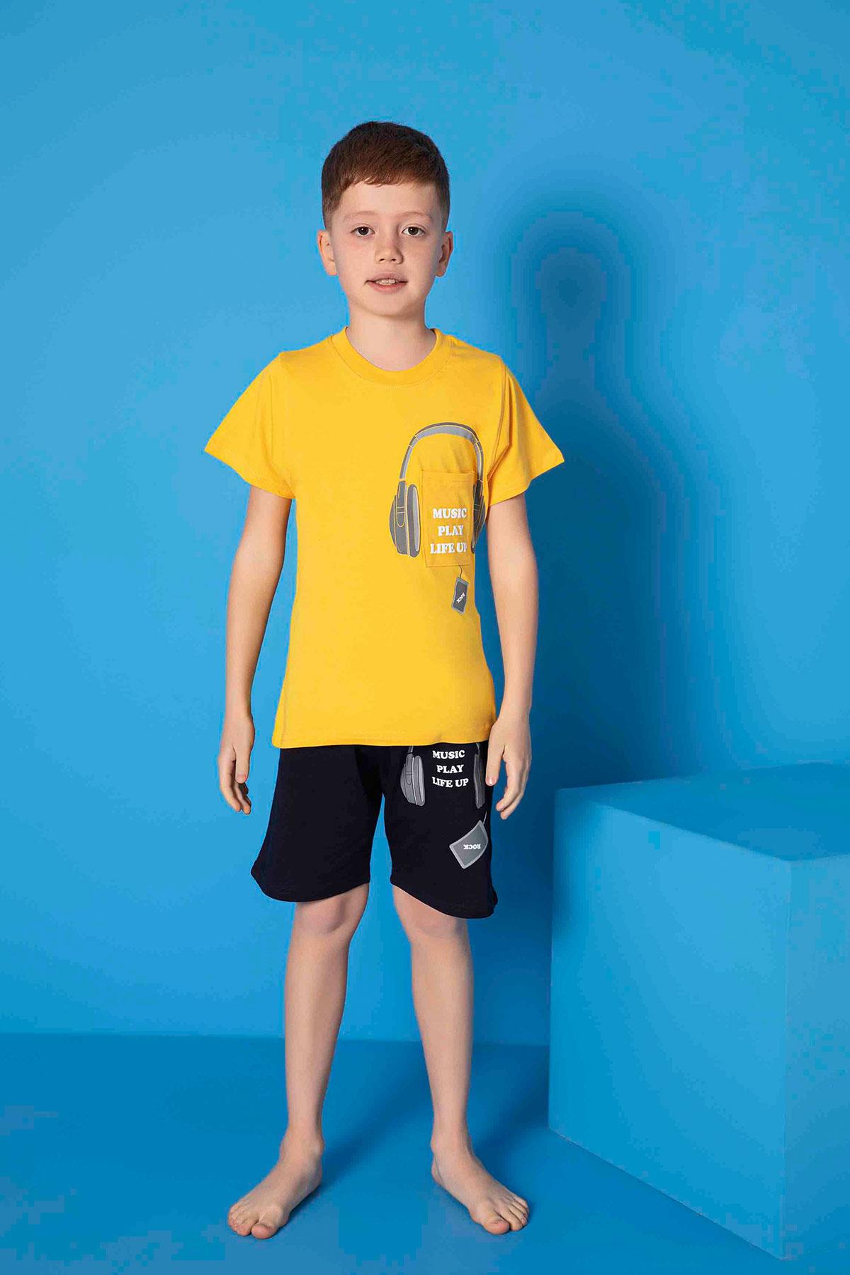 Erkek Çocuk Penye Kısa Kollu Kaprili Pijama Takımı | Sarı 3654