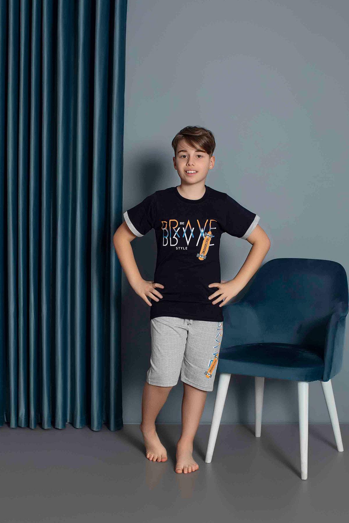 Erkek Çocuk Penye Kısa Kollu Kaprili Pijama Takımı | Lacivert 3656