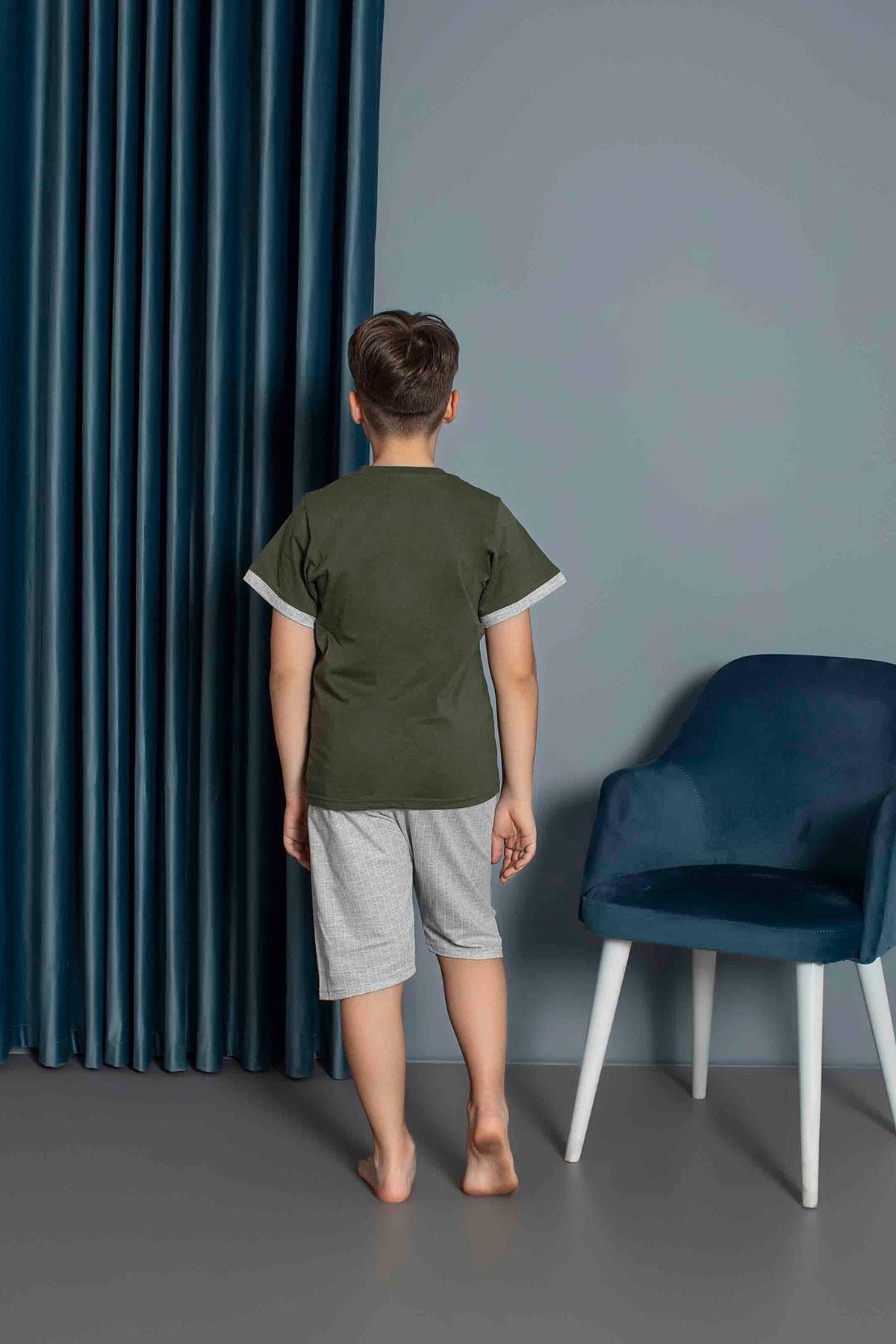 Erkek Çocuk Penye Kısa Kollu Kaprili Pijama Takımı | Haki 3656