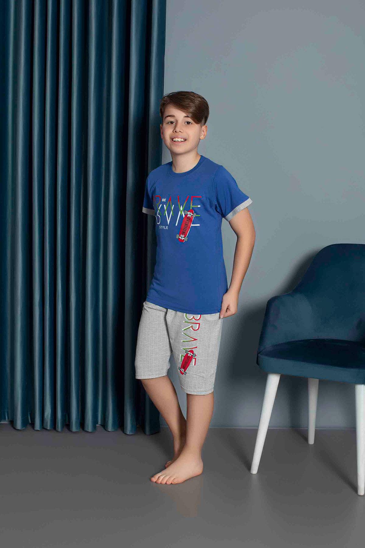 Erkek Çocuk Penye Kısa Kollu Kaprili Pijama Takımı | Saks Mavisi 3656