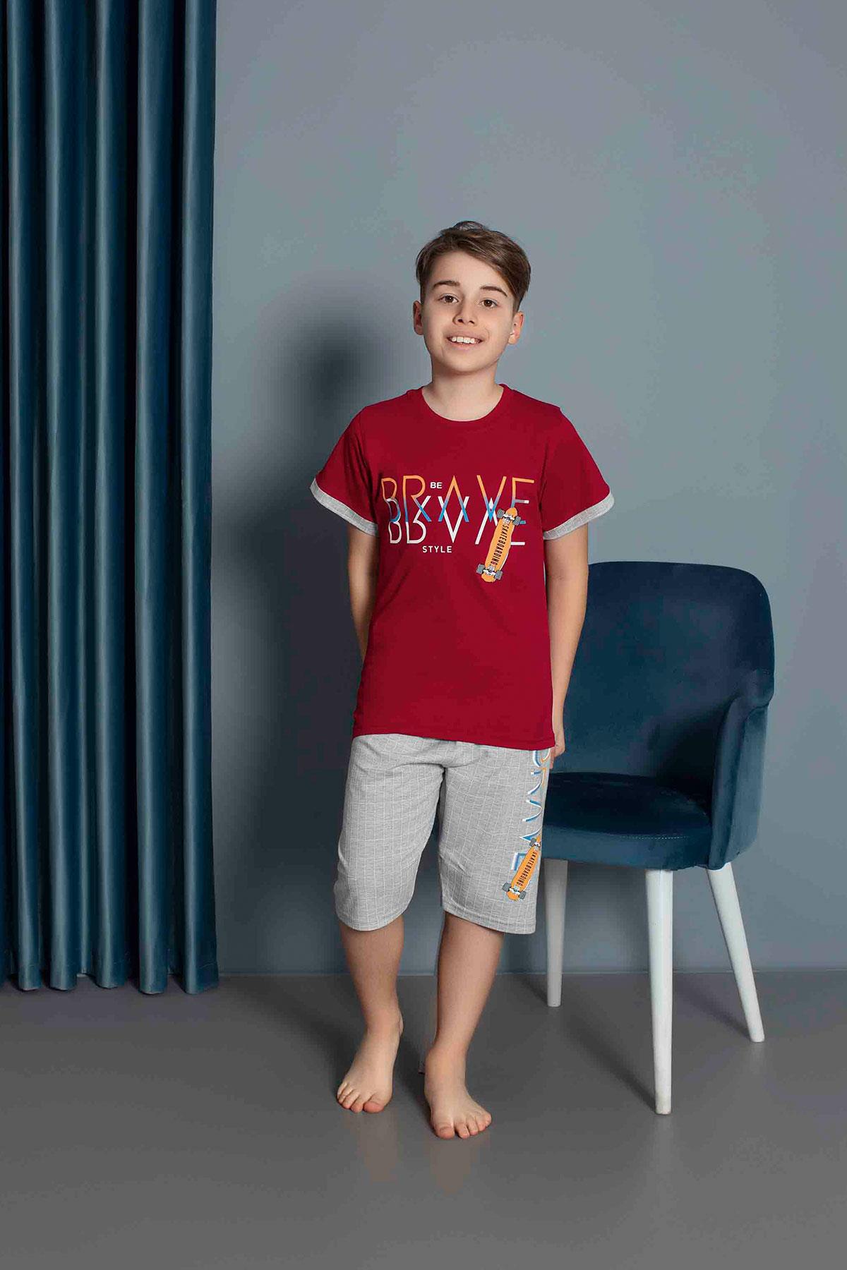 Erkek Çocuk Penye Kısa Kollu Kaprili Pijama Takımı | Bordo 3656