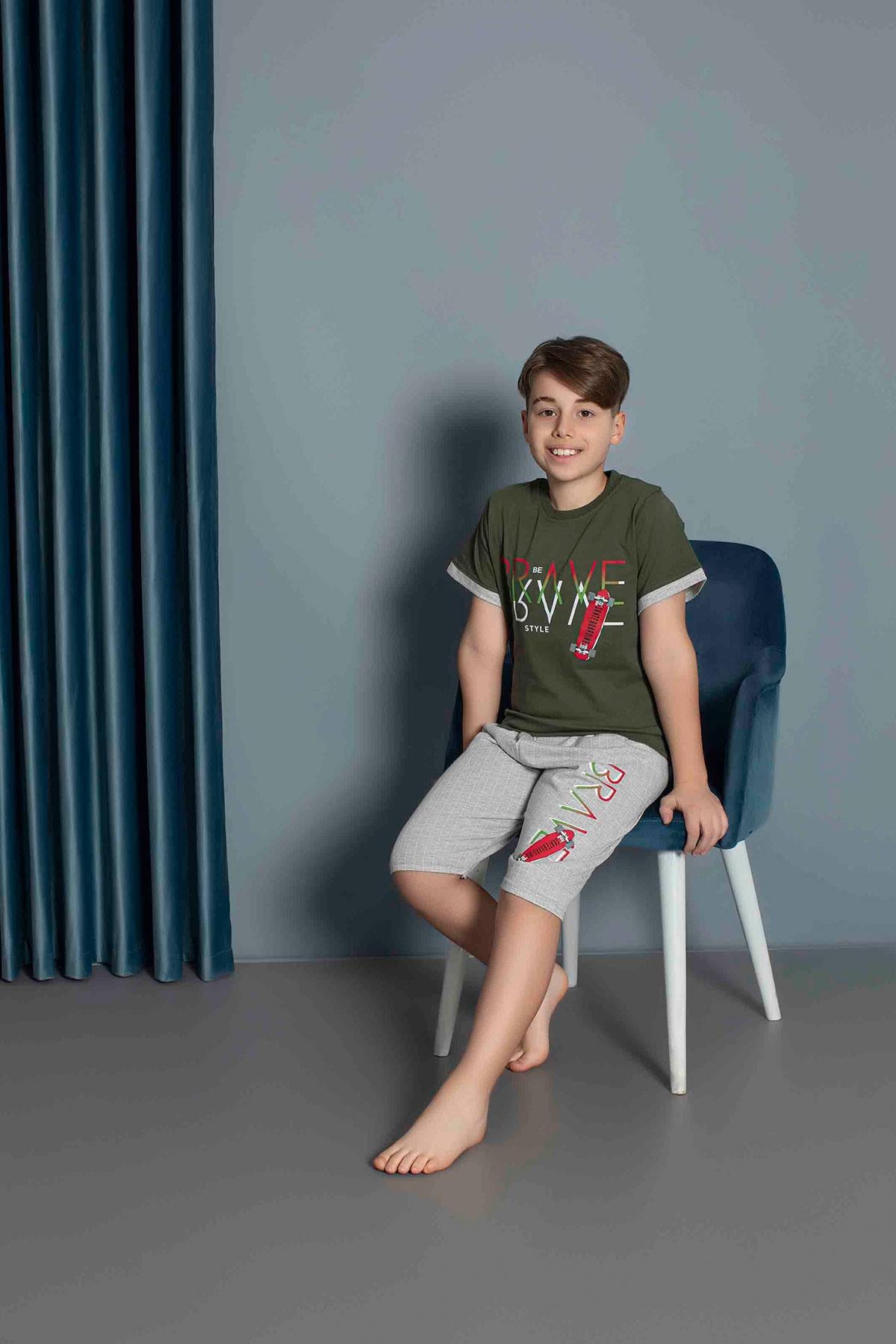 Erkek Çocuk Penye Kısa Kollu Kaprili Pijama Takımı | Haki 3656
