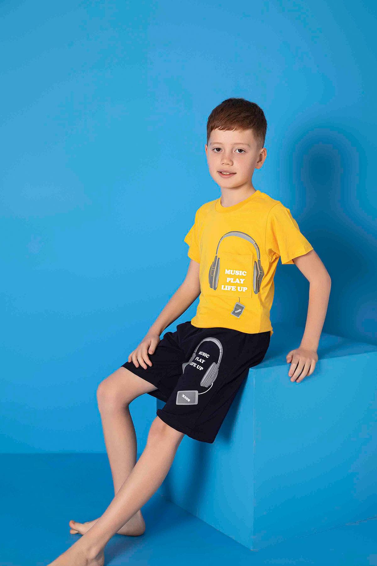Erkek Çocuk Penye Kısa Kollu Kaprili Pijama Takımı | Sarı 3654