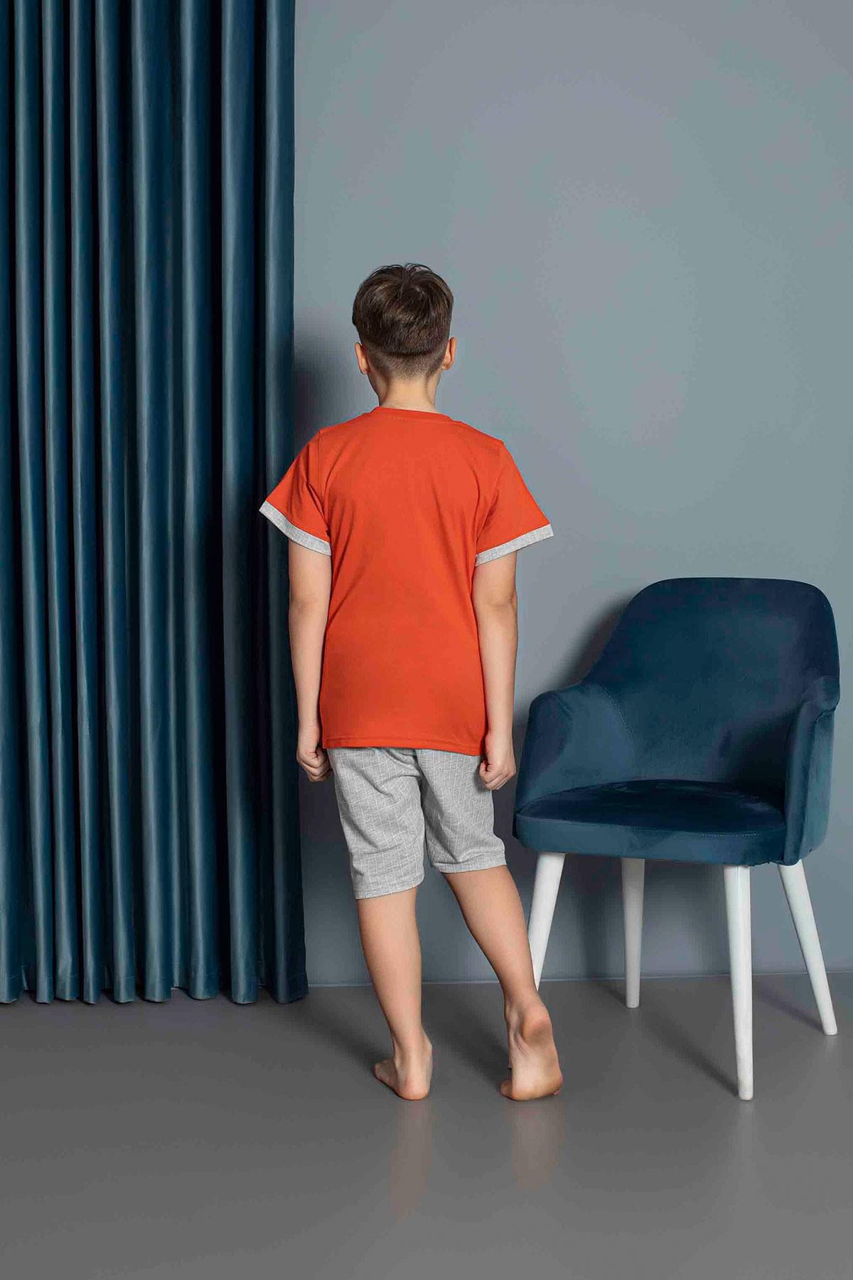 Erkek Çocuk Penye Kısa Kollu Kaprili Pijama Takımı | Turuncu 3656