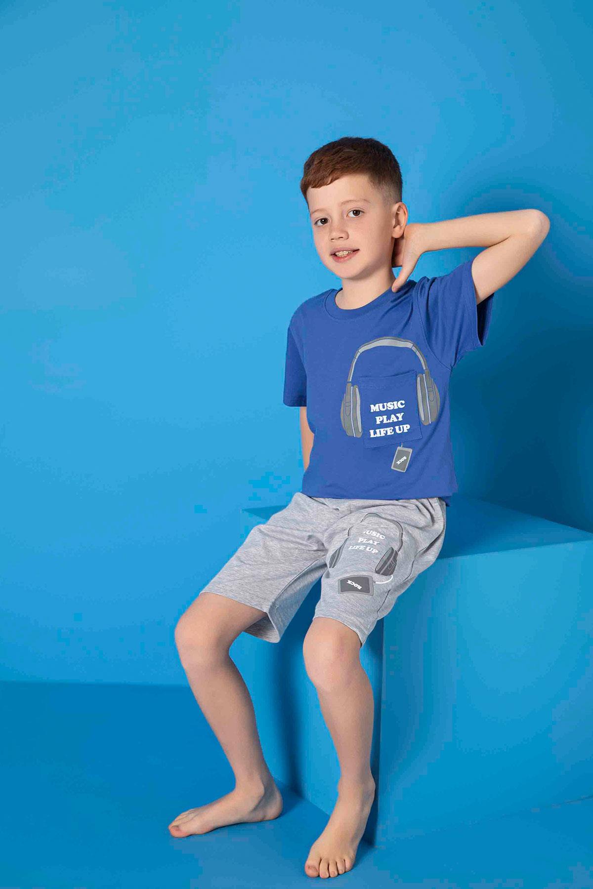 Erkek Çocuk Penye Kısa Kollu Kaprili Pijama Takımı | Saks Mavisi 3654