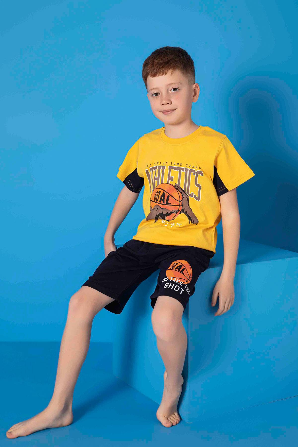 Erkek Çocuk Penye Kısa Kollu Kaprili Pijama Takımı | Sarı 3666